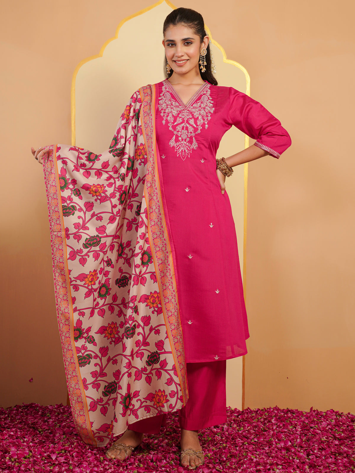 Embroidered Chanderi Solid A-Line Pink Kurta