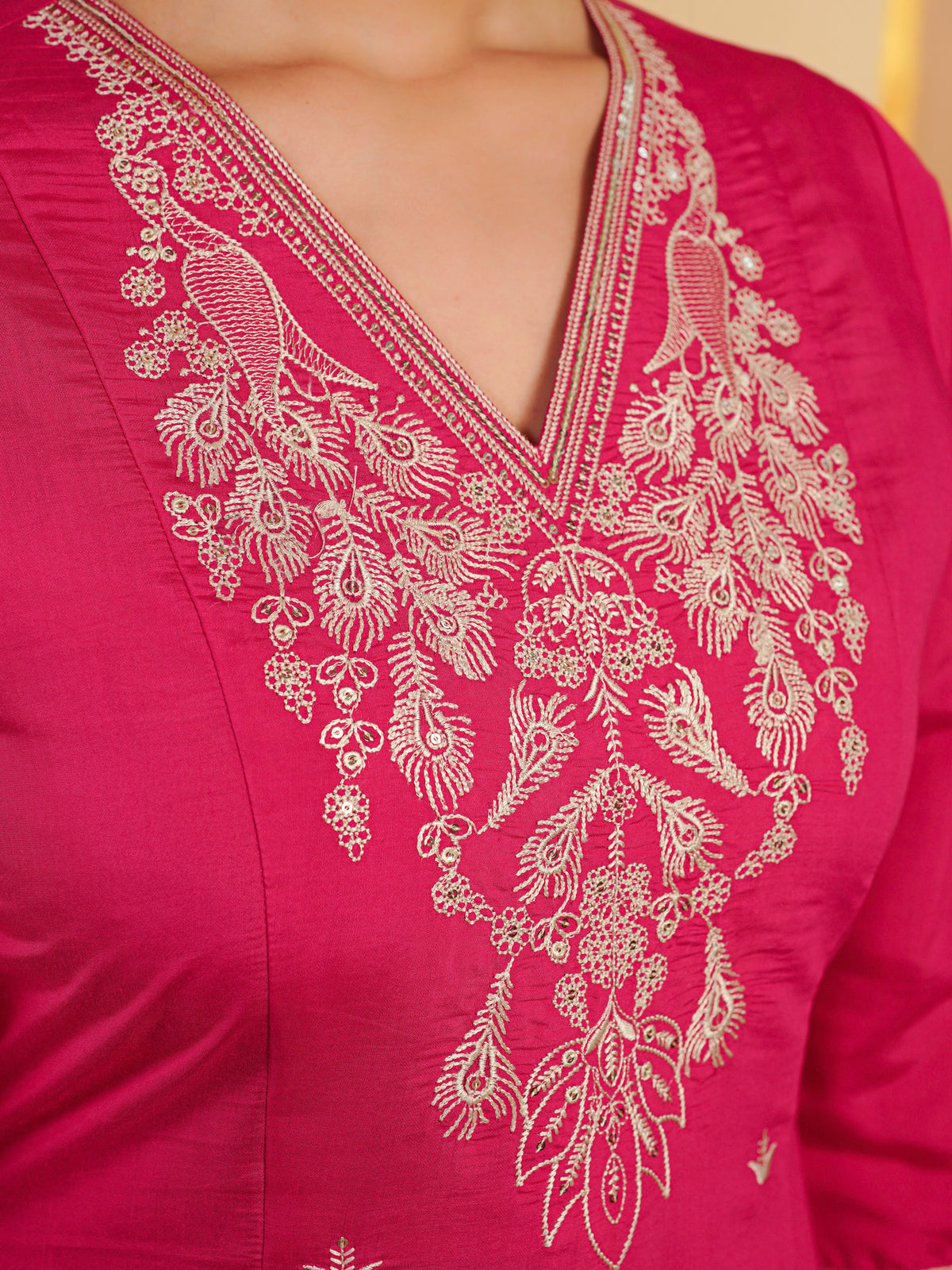 Embroidered Chanderi Solid A-Line Pink Kurta
