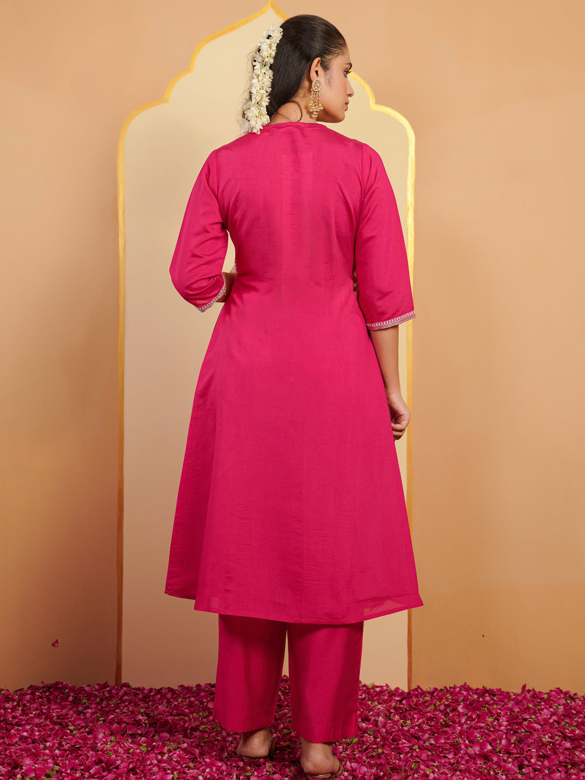 Embroidered Chanderi Solid A-Line Pink Kurta