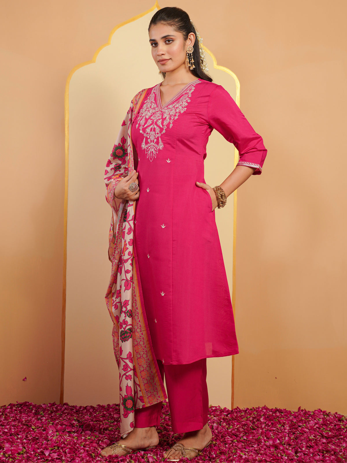 Embroidered Chanderi Solid A-Line Pink Kurta