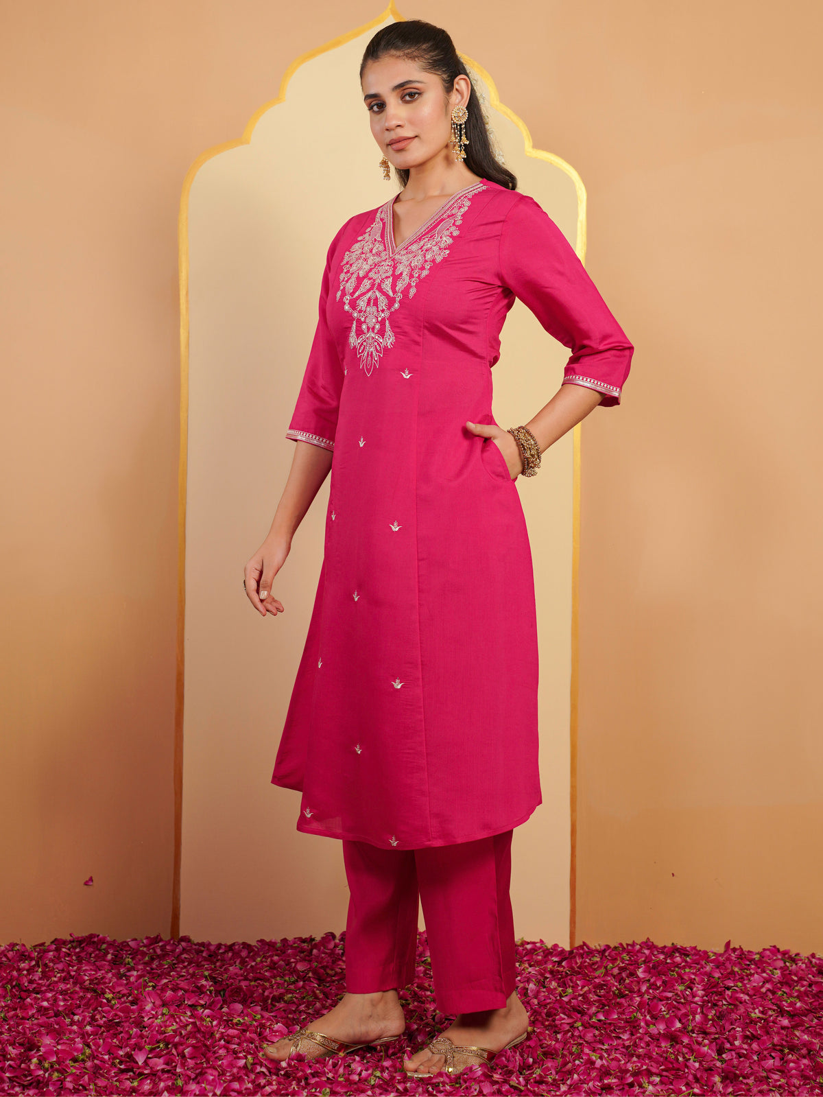 Embroidered Chanderi Solid A-Line Pink Kurta