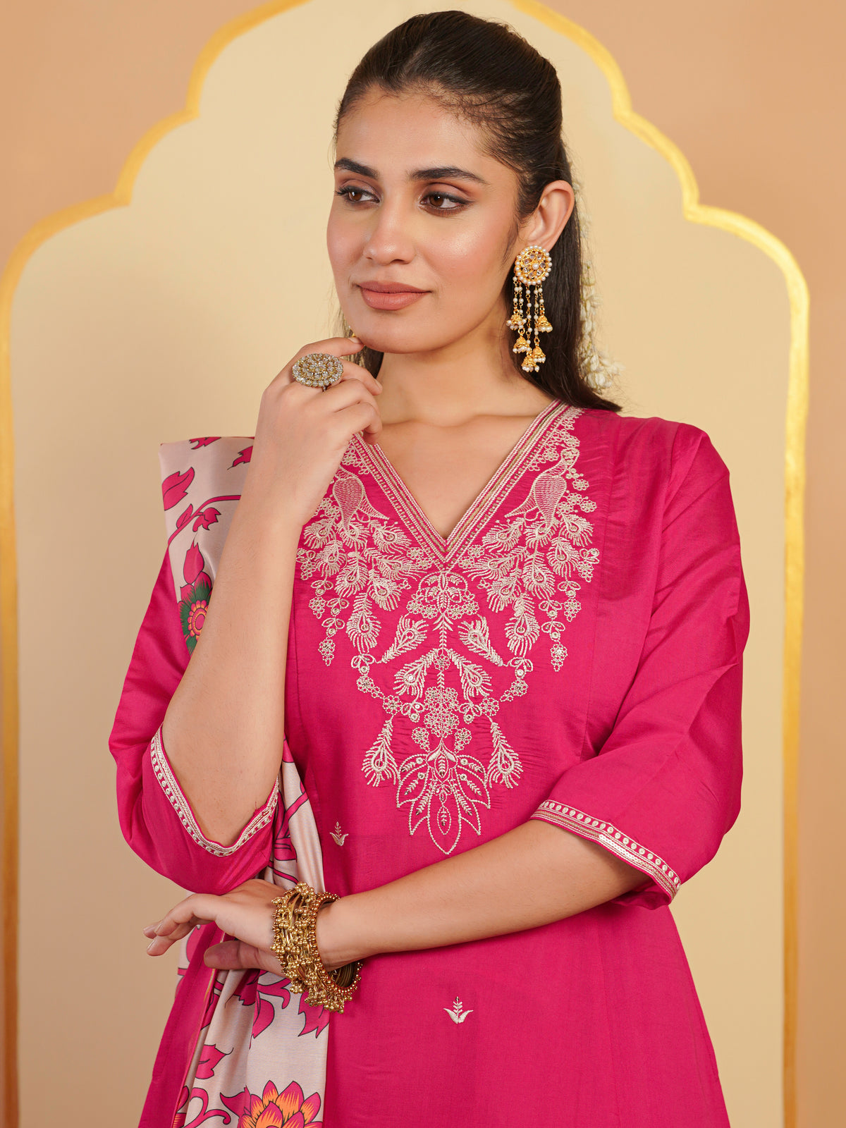 Embroidered Chanderi Solid A-Line Pink Kurta