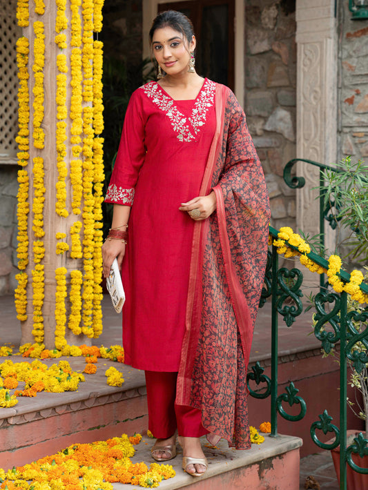 Blended Silk Floral Red Dupatta