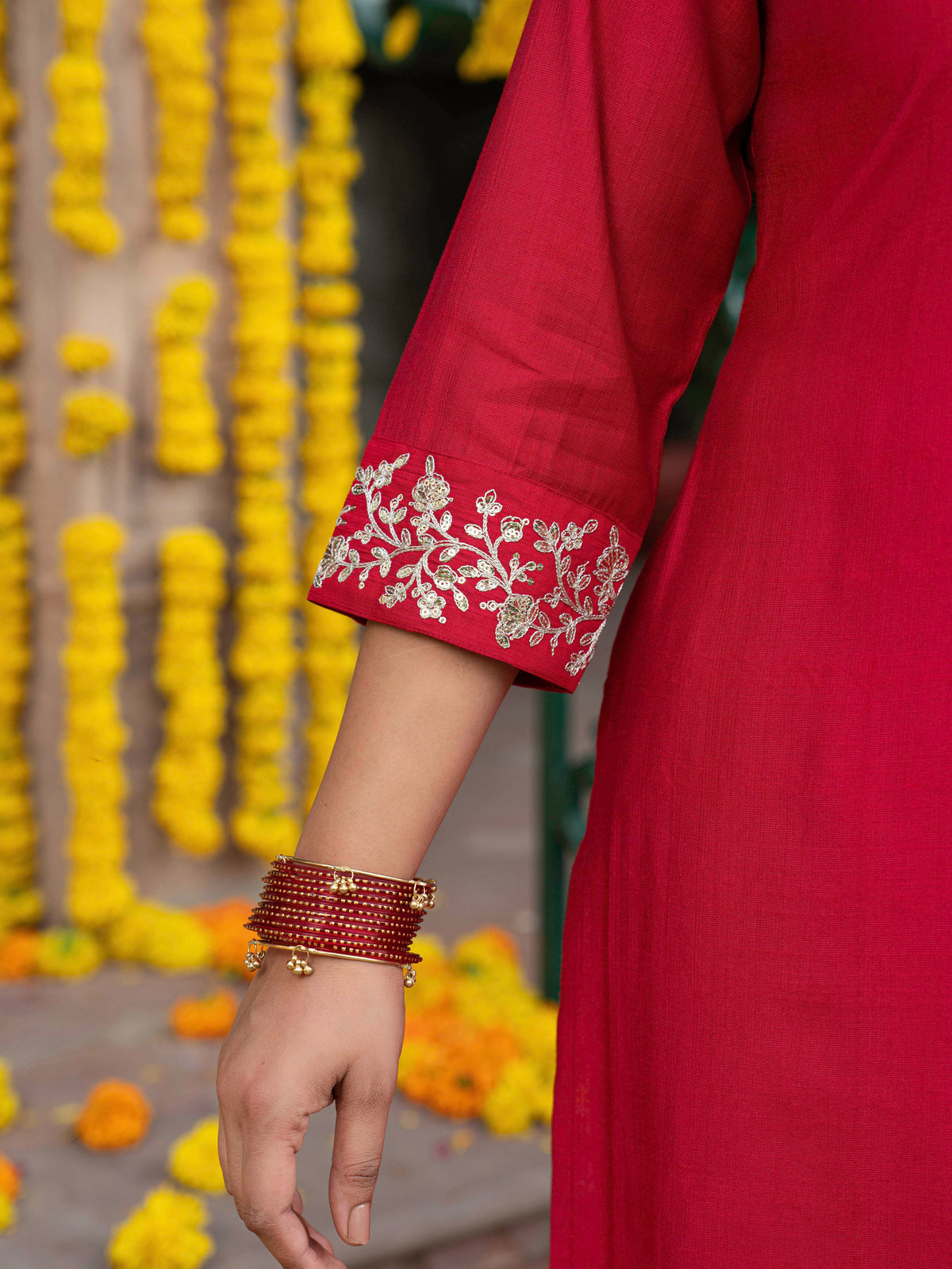 Embroidered Blended silk Solid Straight Red Kurta