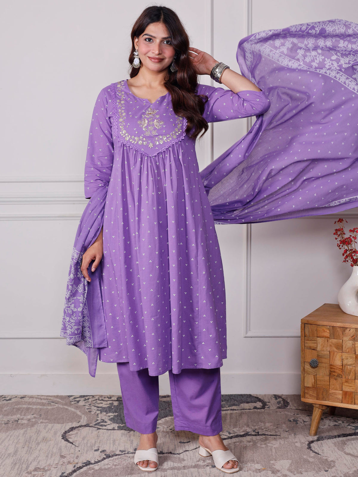 Cotton Voile Floral Lavender Dupatta