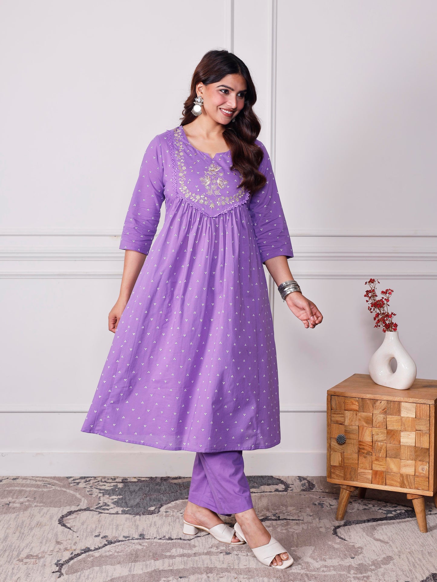 Embroidered Soft cotton Bandhani Flared Lavender Kurta