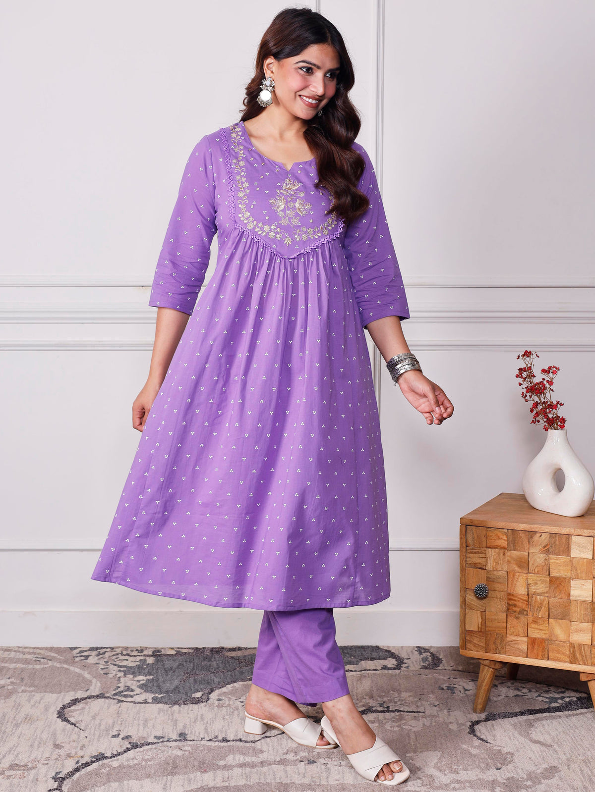 Embroidered Soft Cotton Bandhani Flared Lavender Kurta