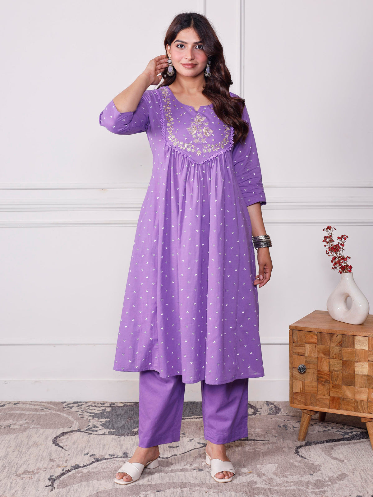 Embroidered Soft Cotton Bandhani Flared Lavender Kurta