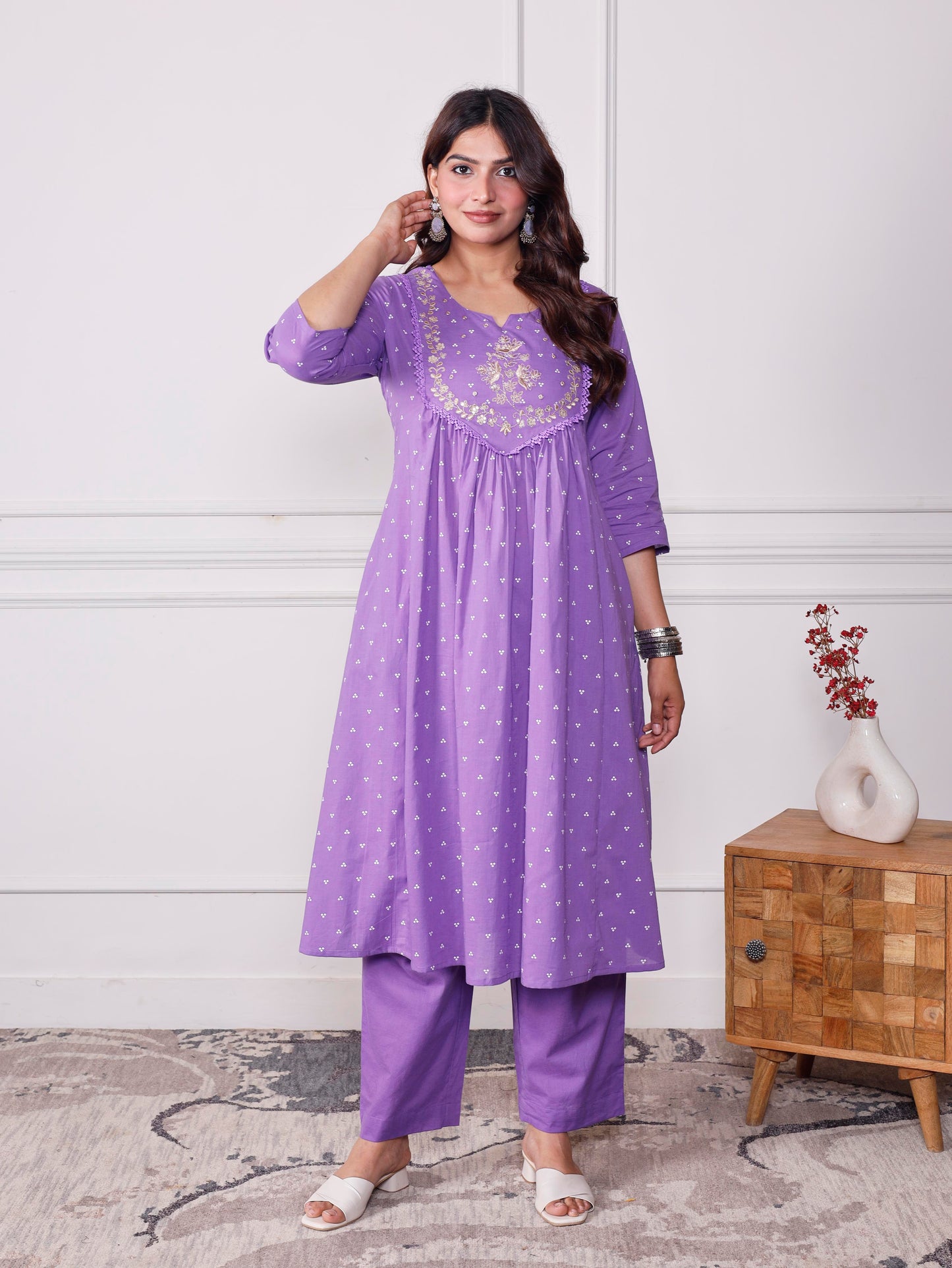 Embroidered Soft cotton Bandhani Flared Lavender Kurta