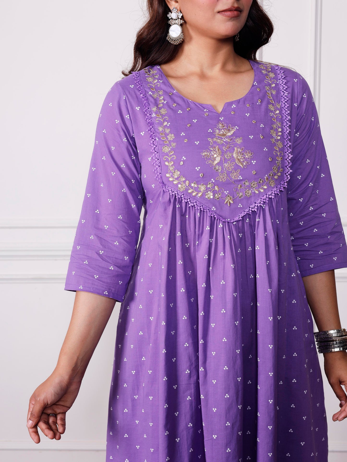 Embroidered Soft cotton Bandhani Flared Lavender Kurta