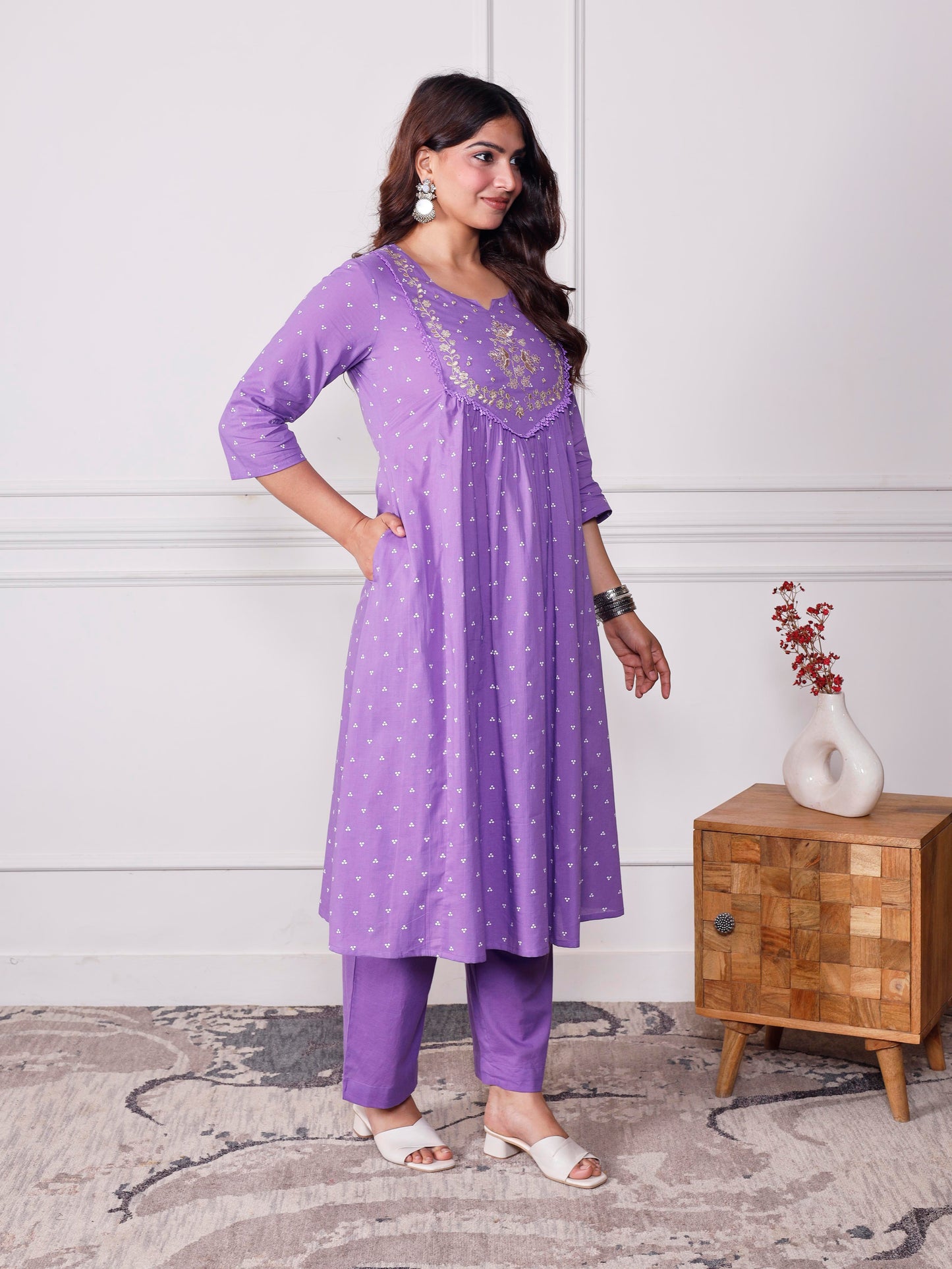 Embroidered Soft cotton Bandhani Flared Lavender Kurta