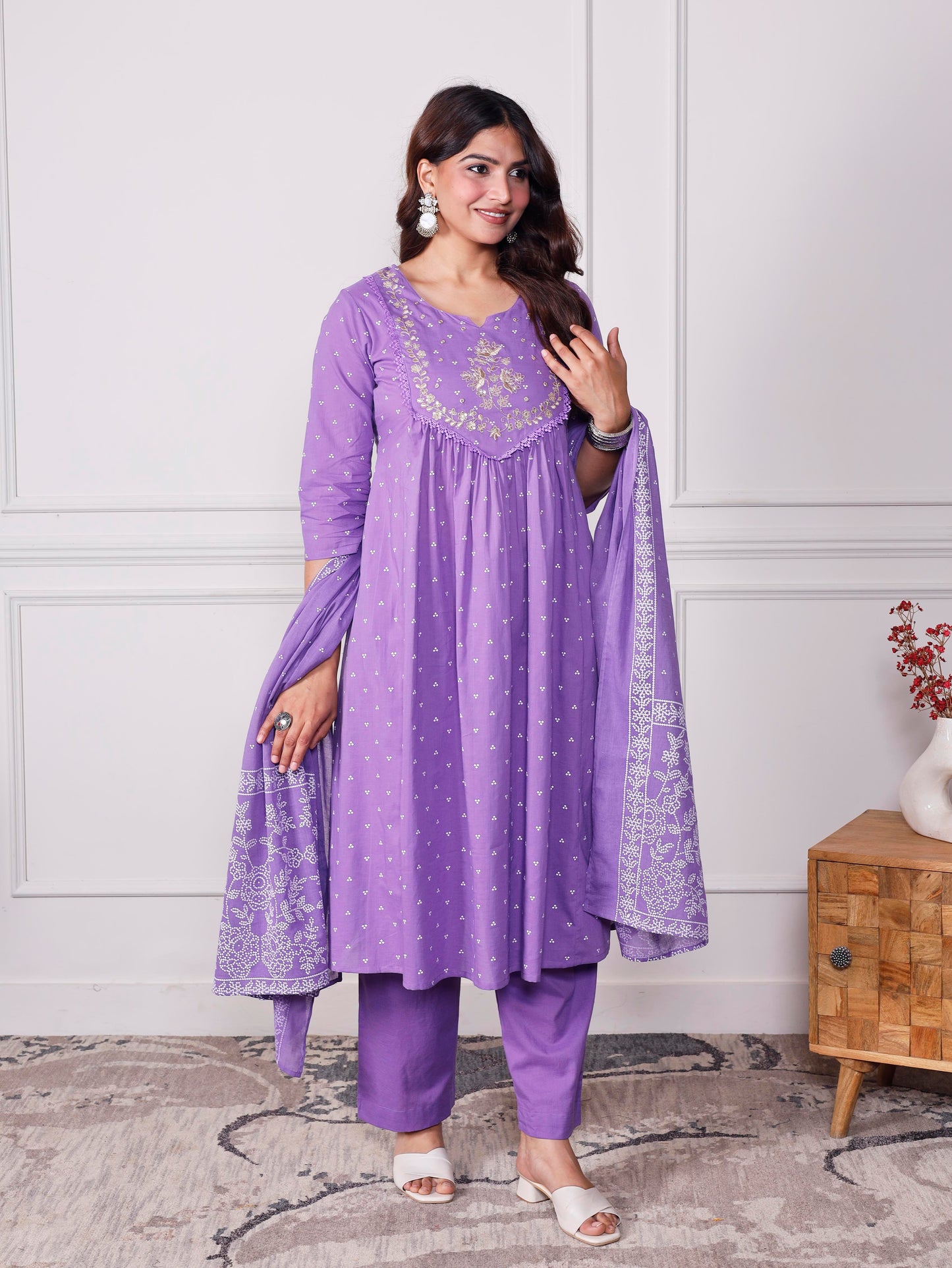 Embroidered Soft cotton Bandhani Flared Lavender Kurta