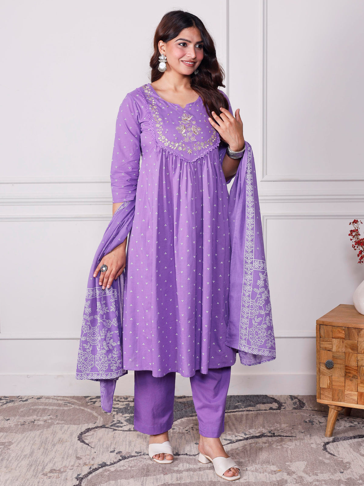 Embroidered Soft Cotton Bandhani Flared Lavender Kurta
