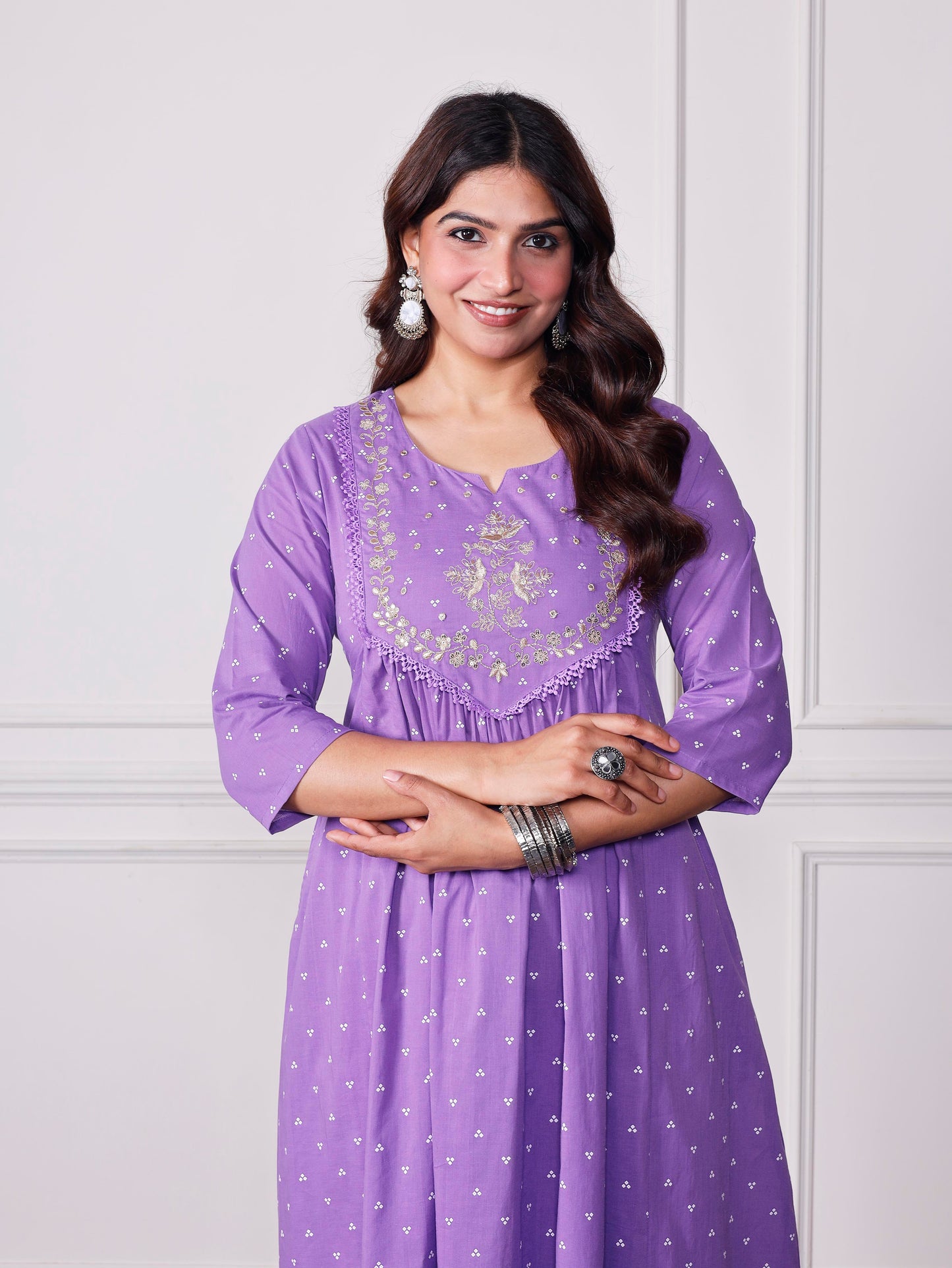 Embroidered Soft cotton Bandhani Flared Lavender Kurta
