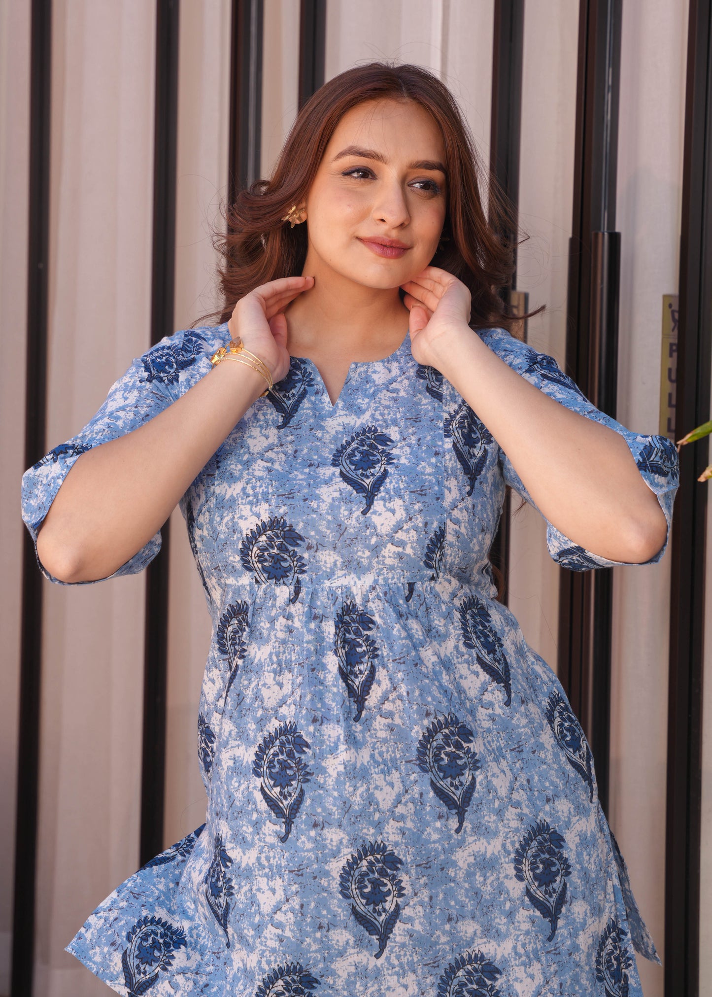 Soft Cotton Block A-line Blue Kurti
