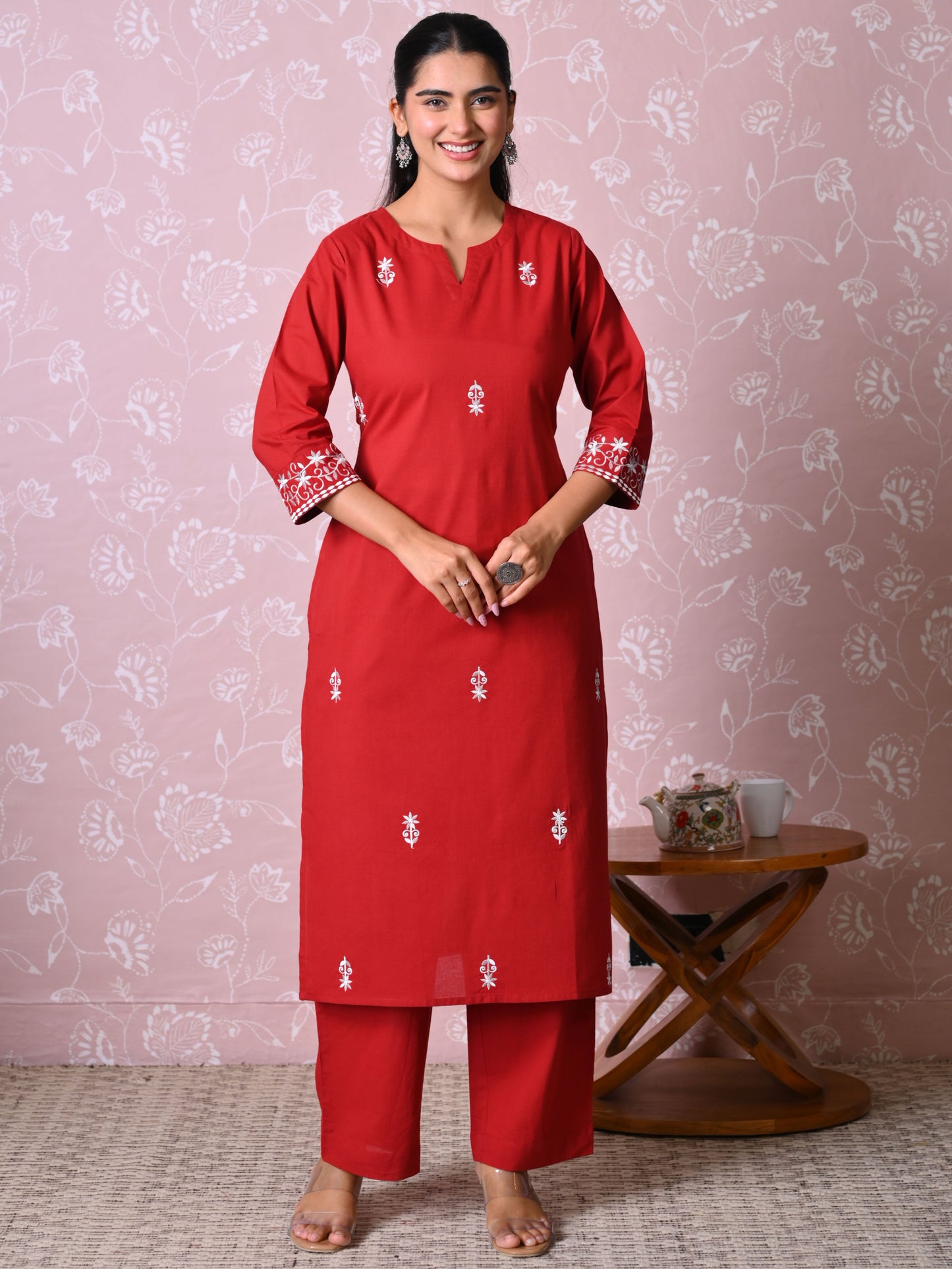 Embroidered Soft cotton Solid Straight Rust Kurta
