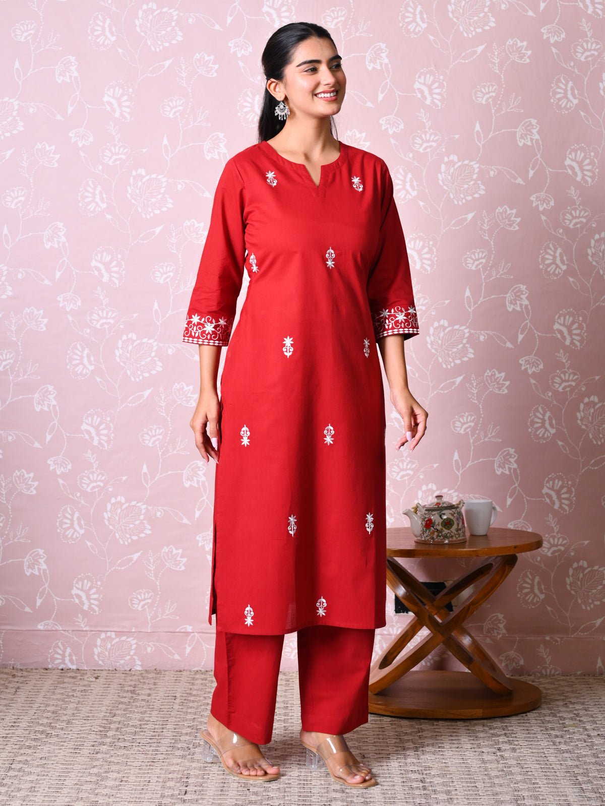 Embroidered Soft Cotton Solid Straight Rust Kurta