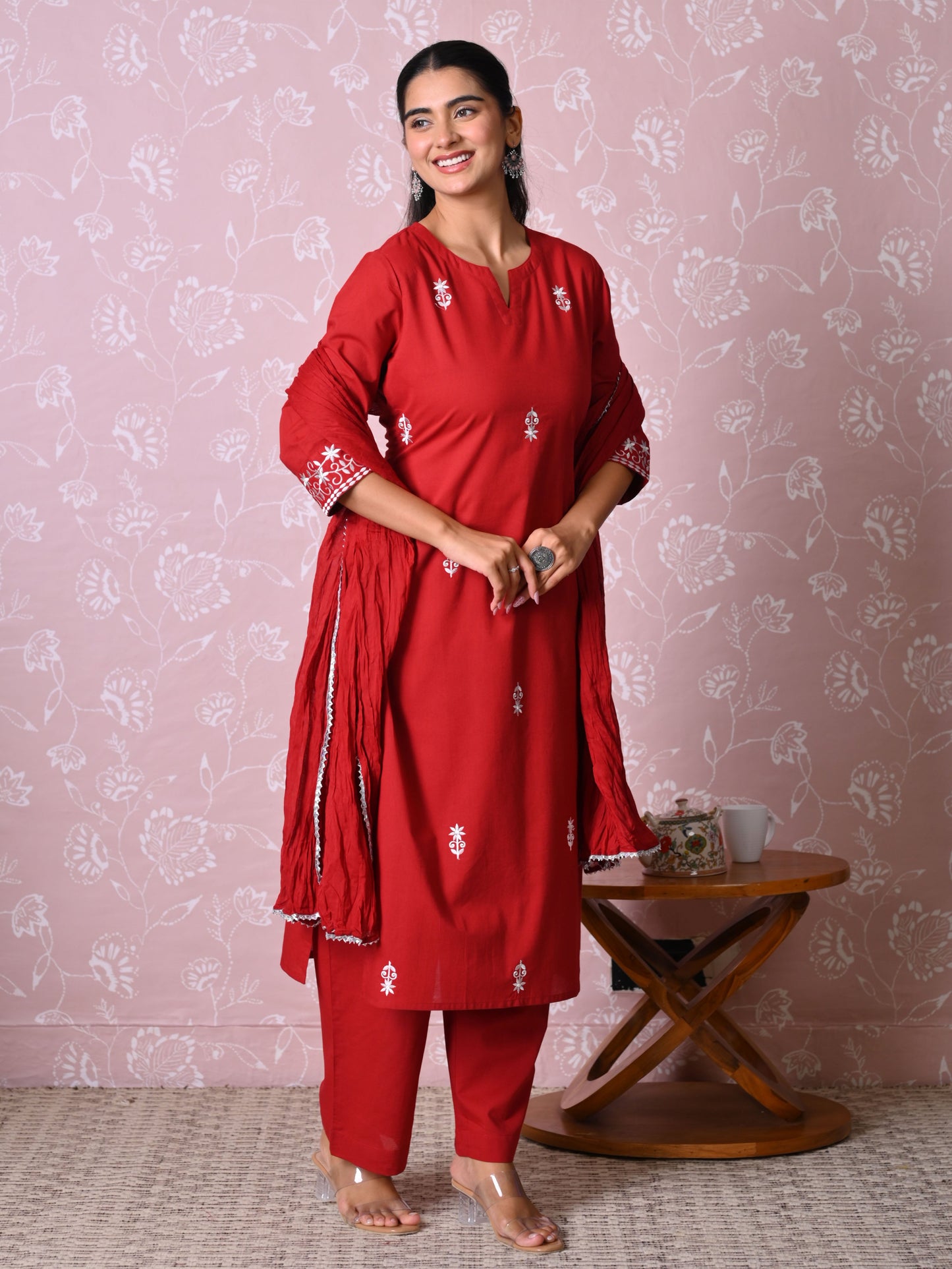 Embroidered Soft cotton Solid Straight Rust Kurta