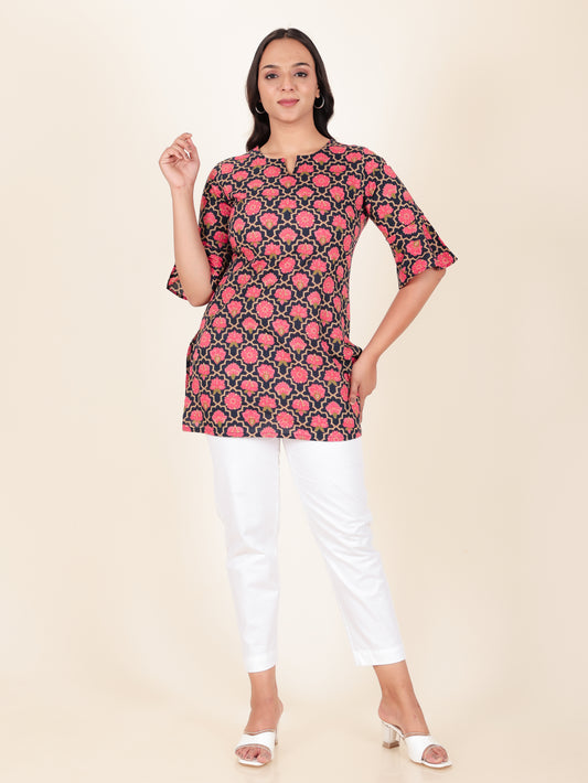 Soft Cotton Floral Straight Pink Kurti