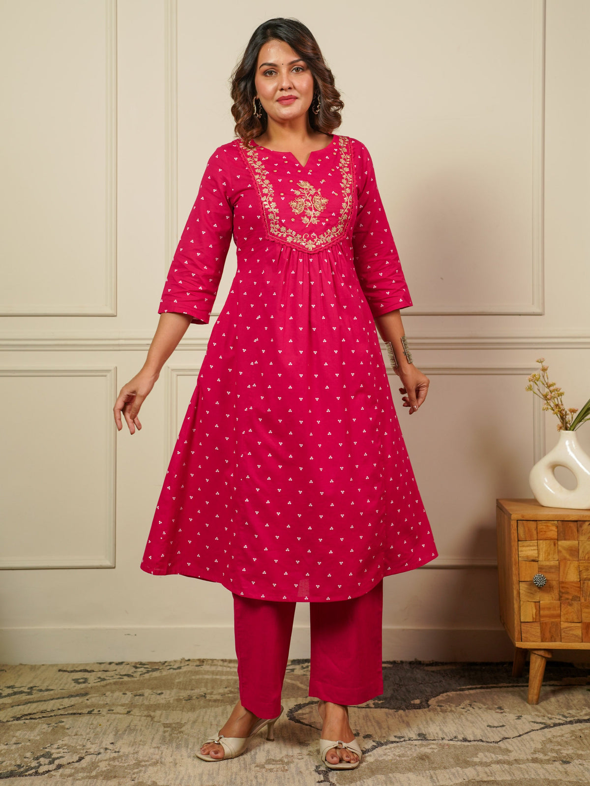 Embroidered Soft Cotton Bandhani Flared Pink Kurta