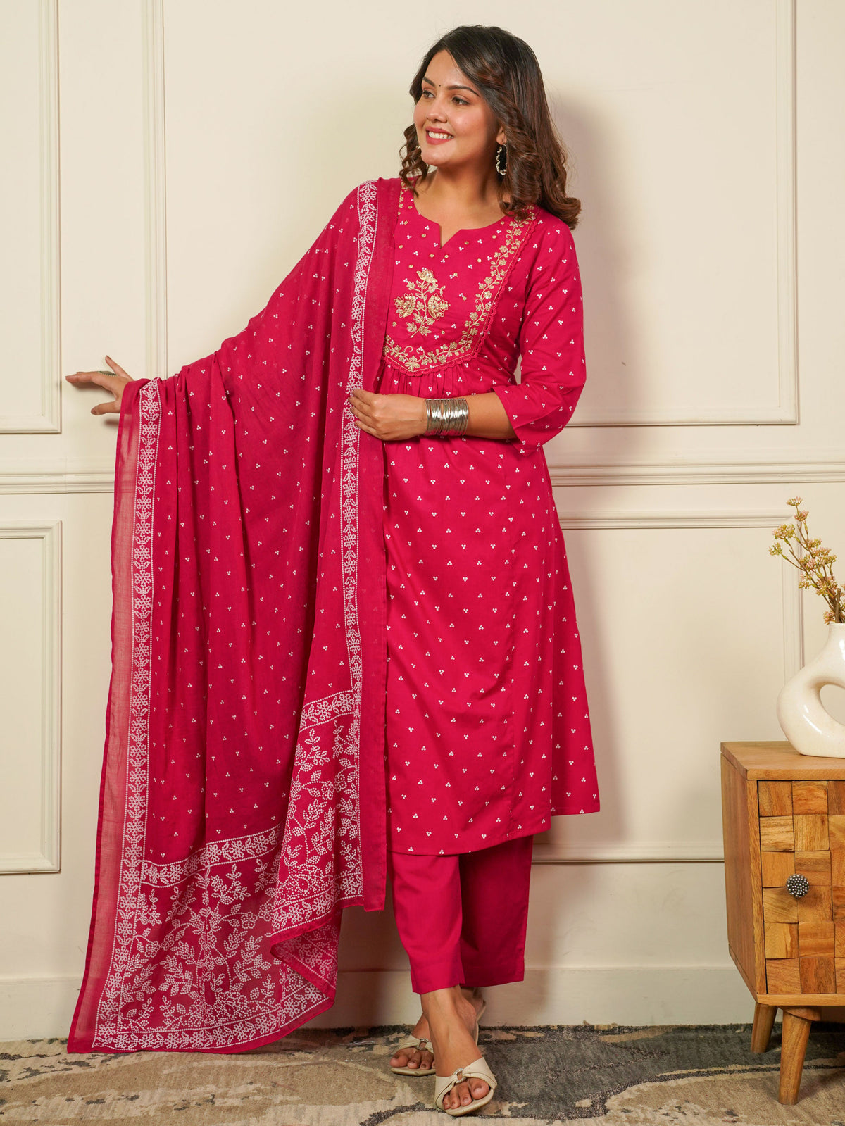 Embroidered Soft Cotton Bandhani Flared Pink Kurta