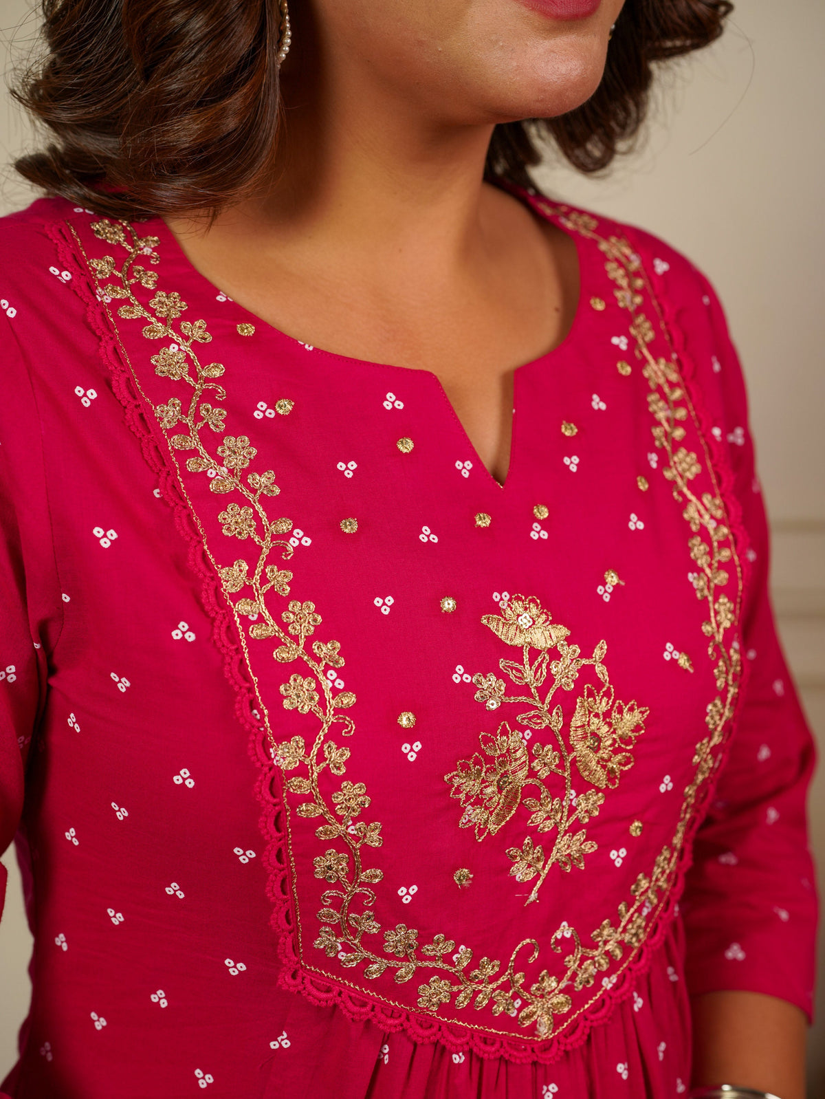 Embroidered Soft Cotton Bandhani Flared Pink Kurta