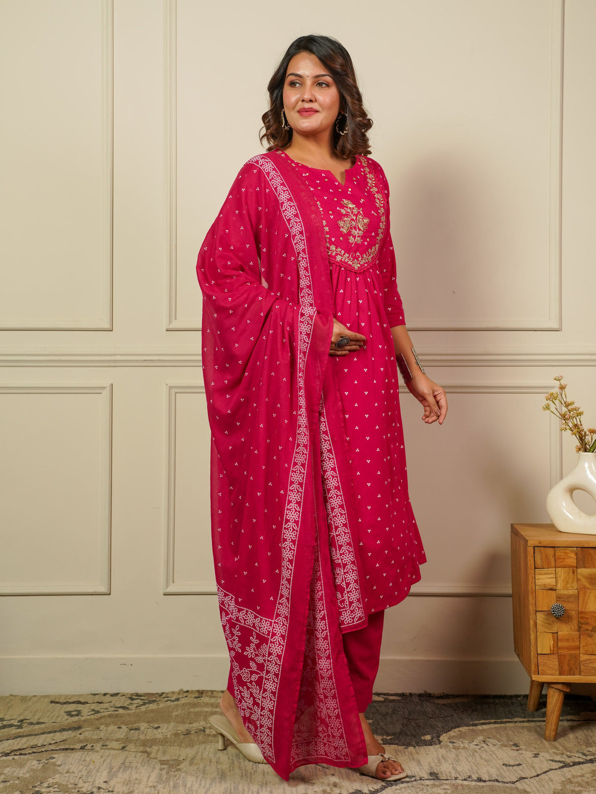 Embroidered Soft Cotton Bandhani Flared Pink Kurta
