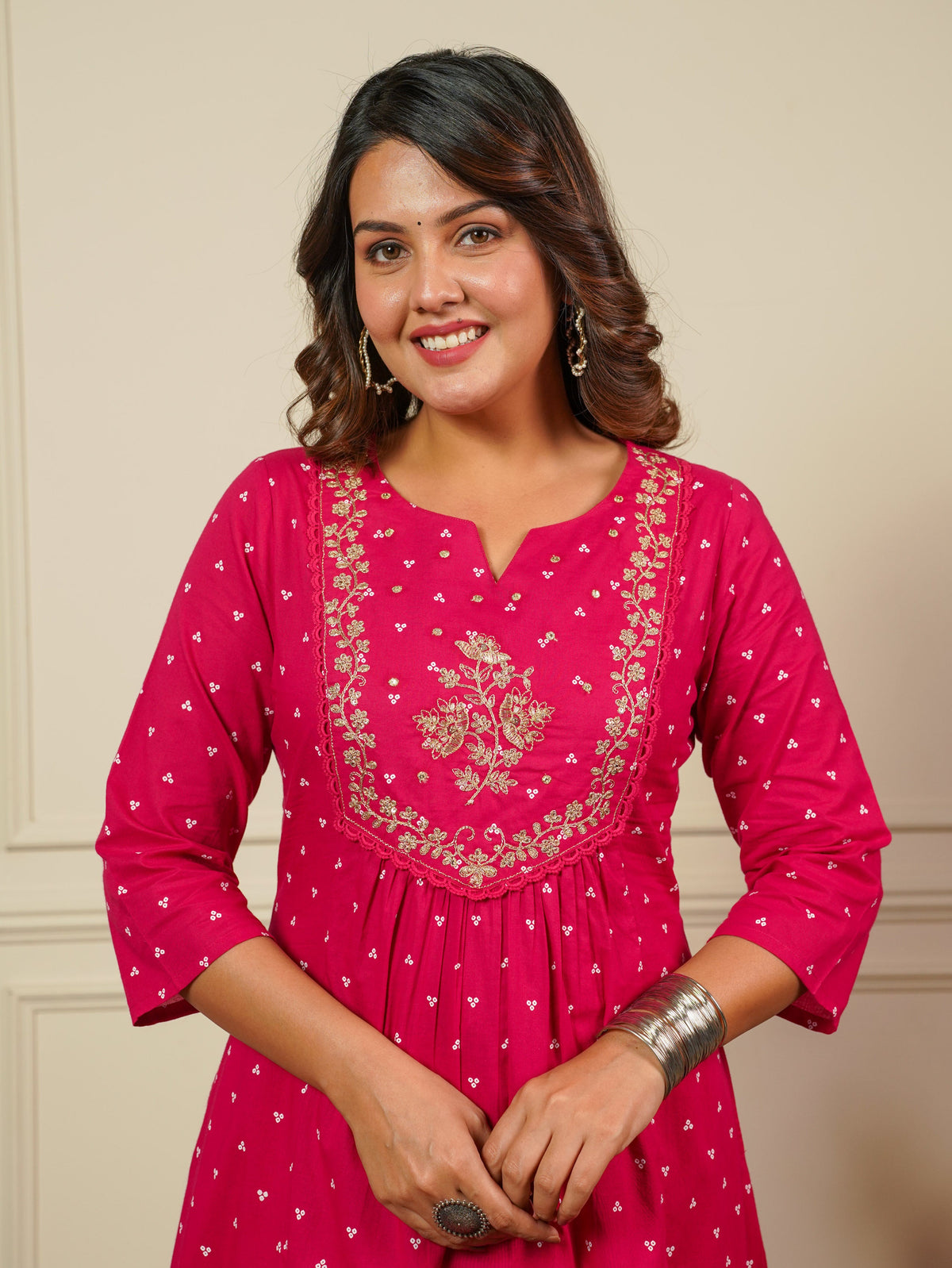 Embroidered Soft Cotton Bandhani Flared Pink Kurta