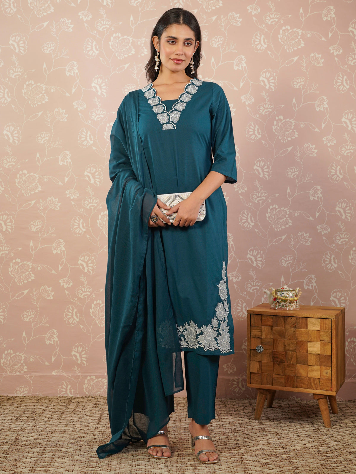 cotton voile solid anarkali teal dupatta