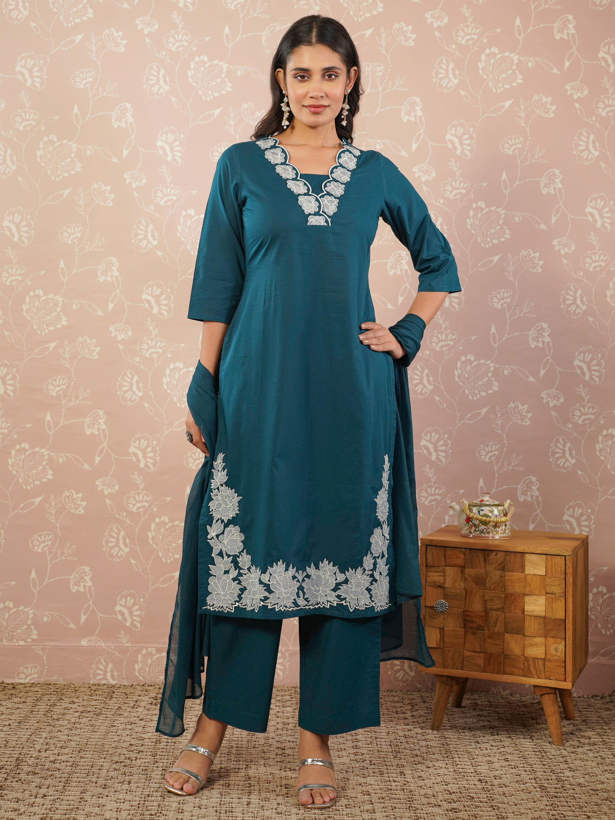 cotton voile solid anarkali teal dupatta