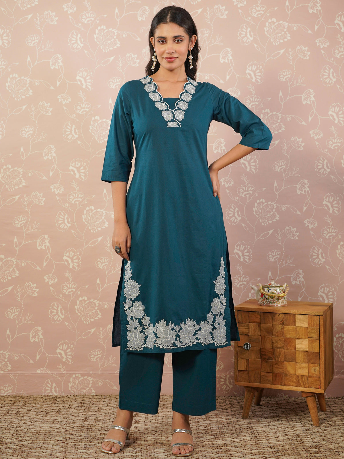 Embroidered viscose solid anarkali teal kurta
