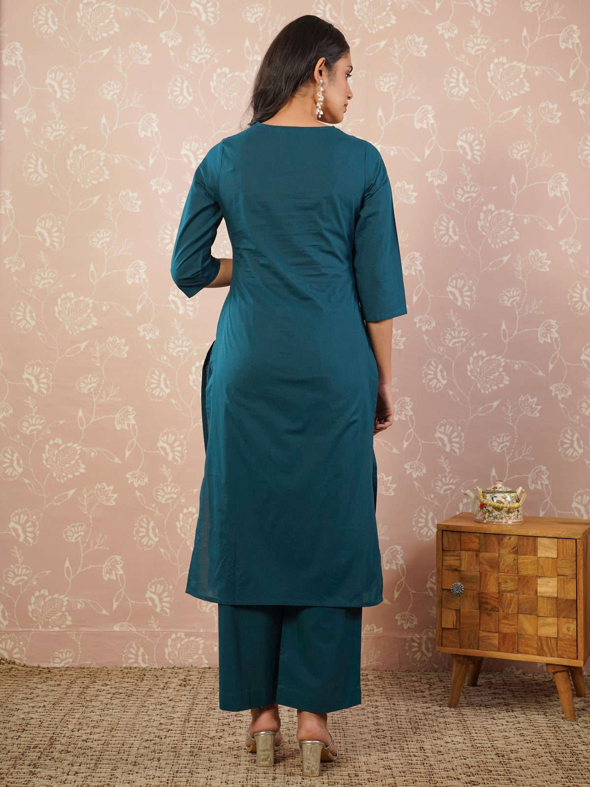 Embroidered viscose solid anarkali teal kurta