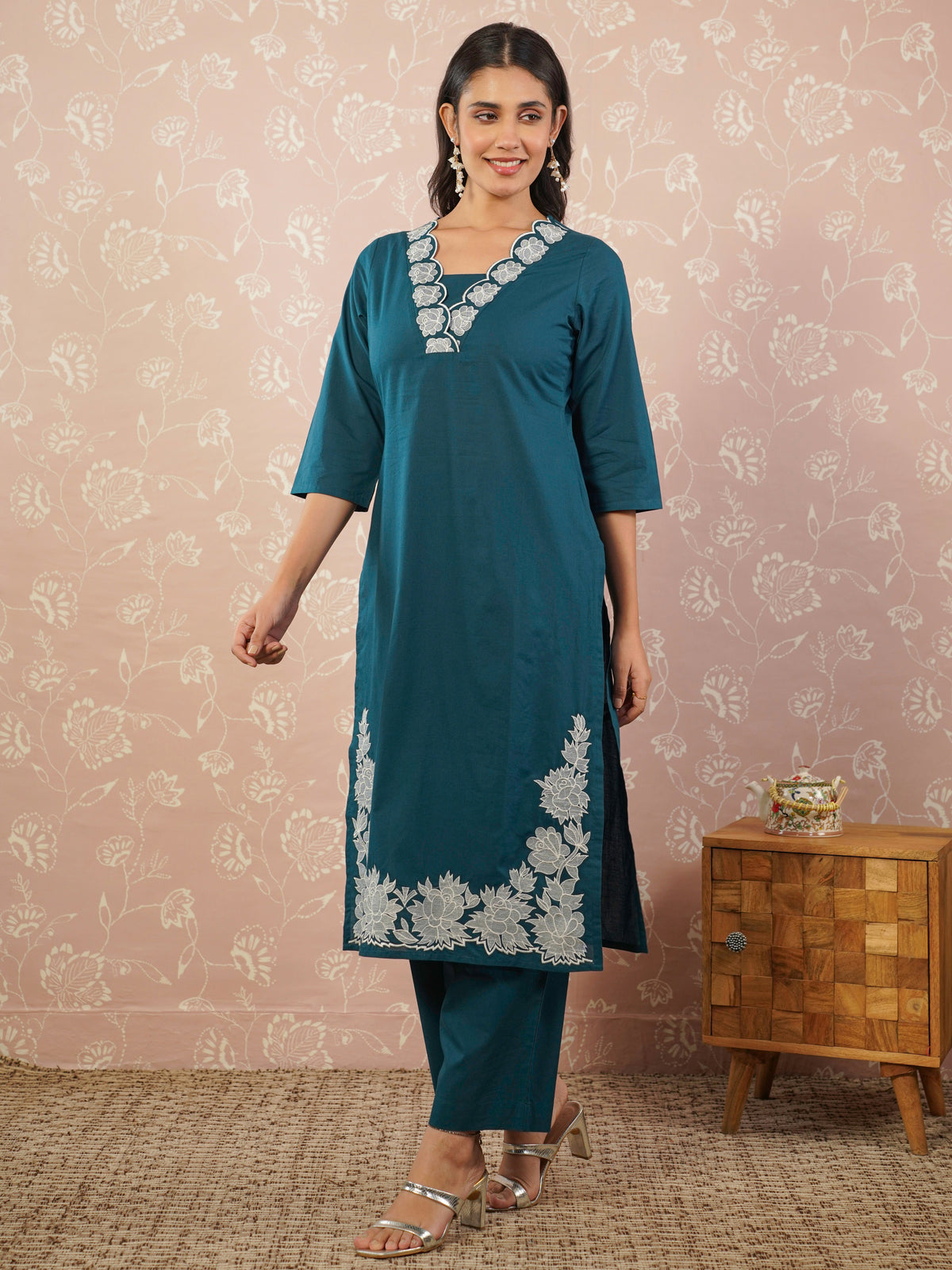 Embroidered viscose solid anarkali teal kurta