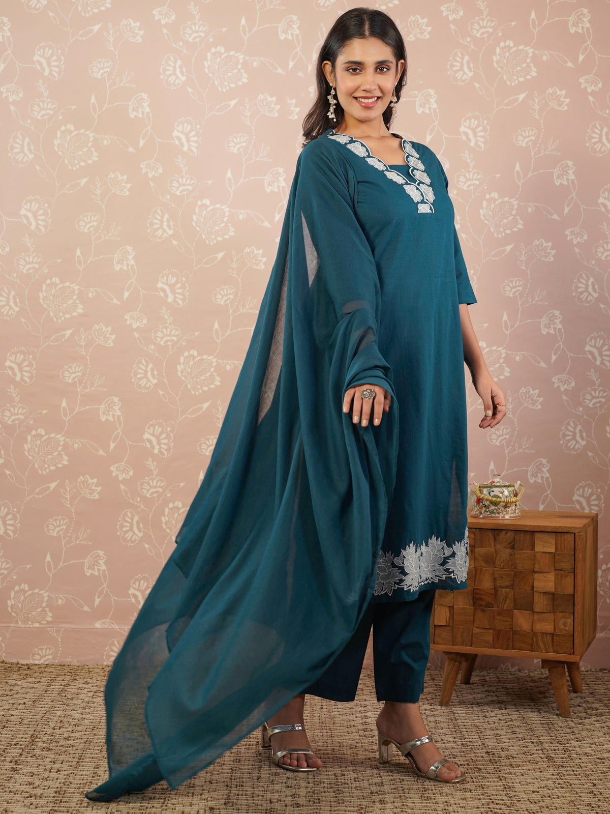 Embroidered viscose solid anarkali teal kurta