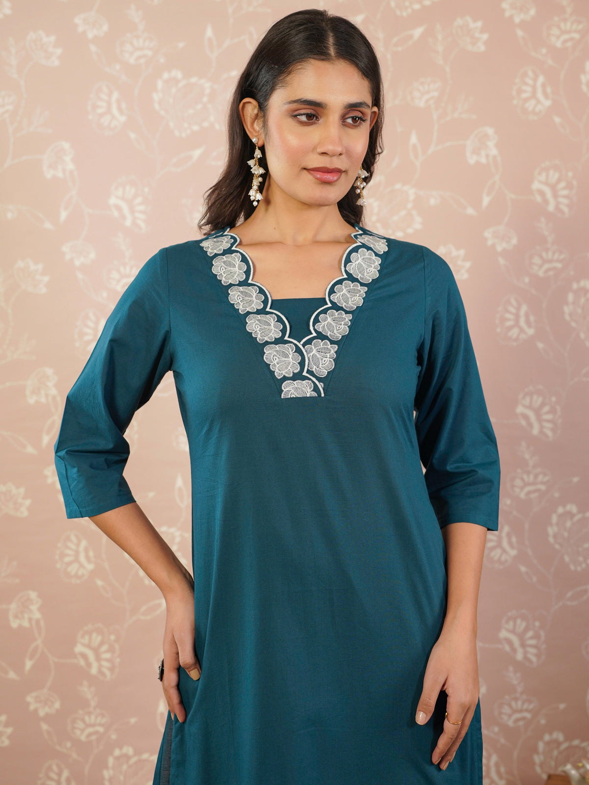 Embroidered viscose solid anarkali teal kurta