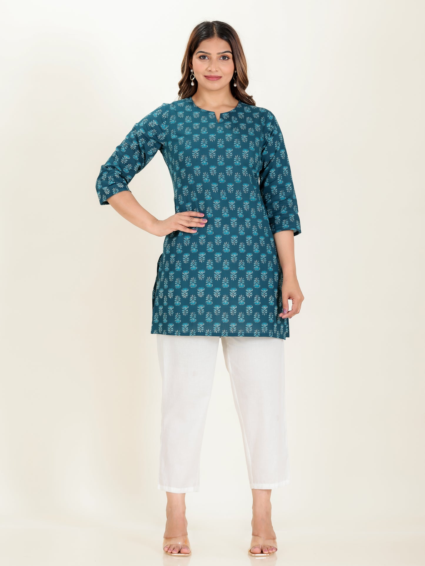Soft Cotton Floral Straight Blue Kurti