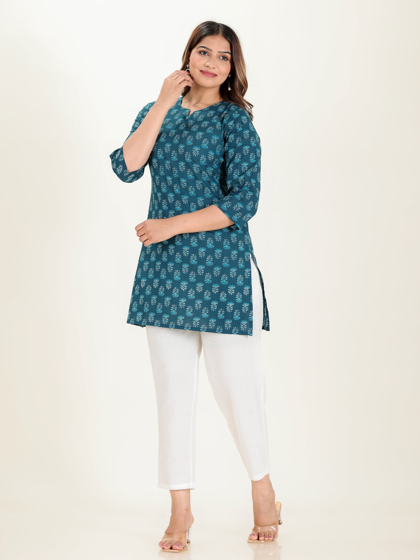 Soft Cotton Floral Straight Blue Kurti