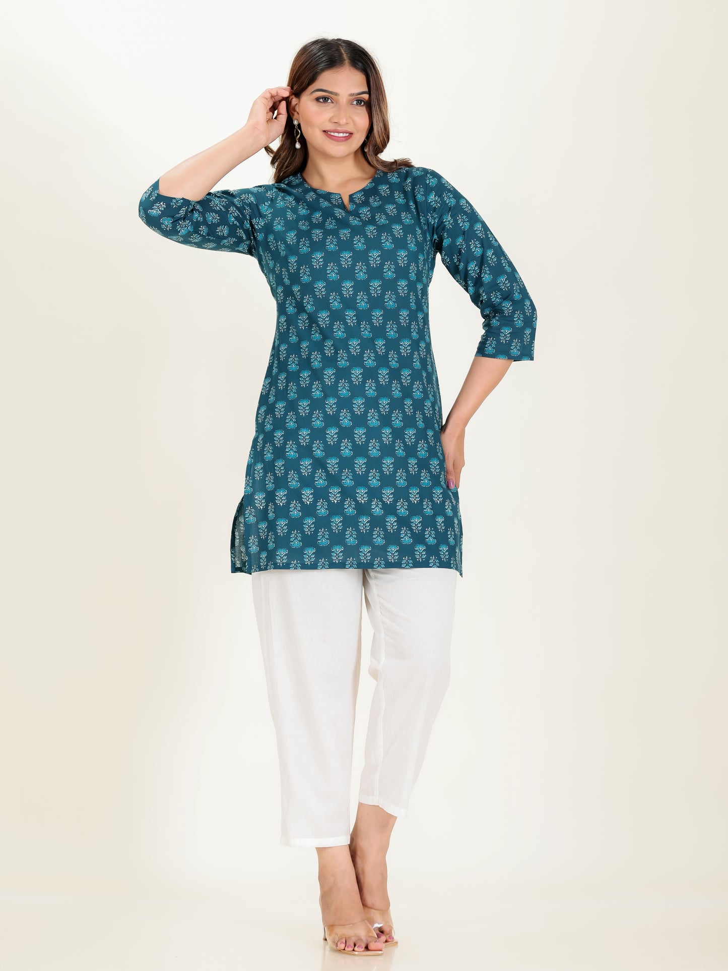 Soft Cotton Floral Straight Blue Kurti