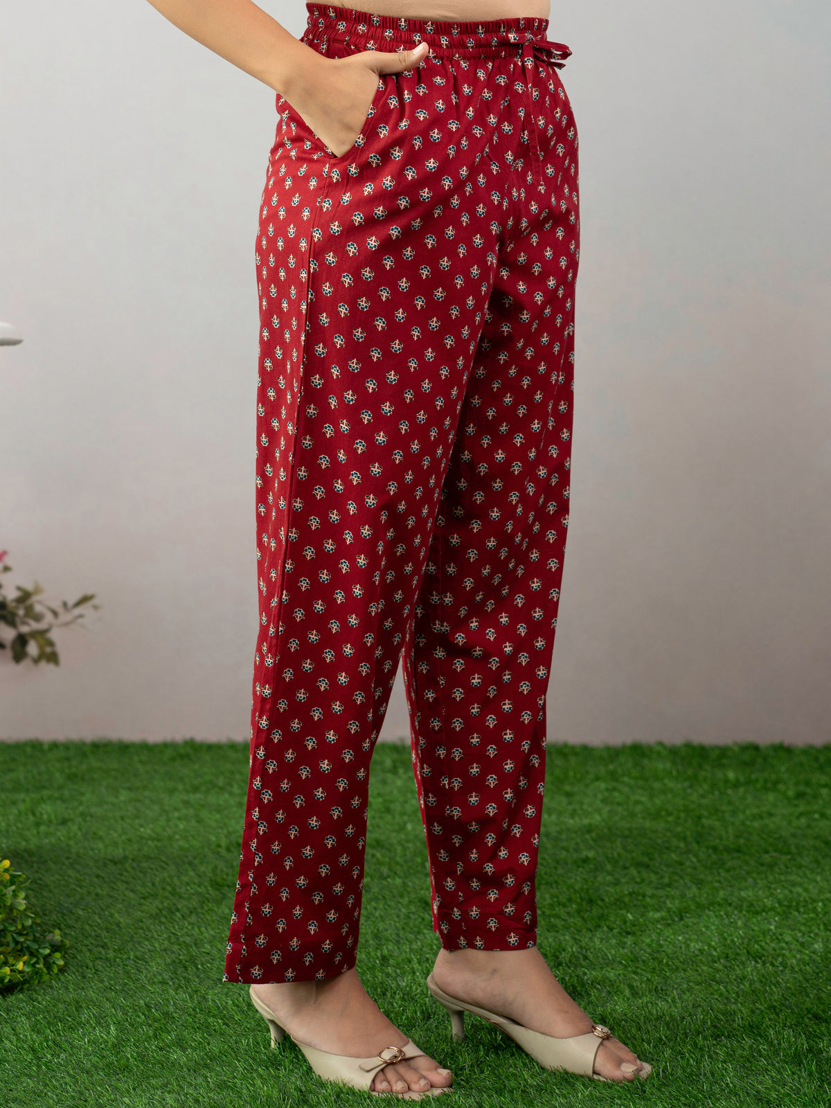 Soft Cotton Butta Maroon Straight Trousers