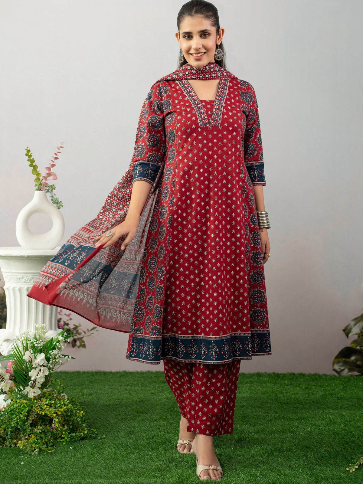 Soft Cotton Butta A-Line Maroon Kurta