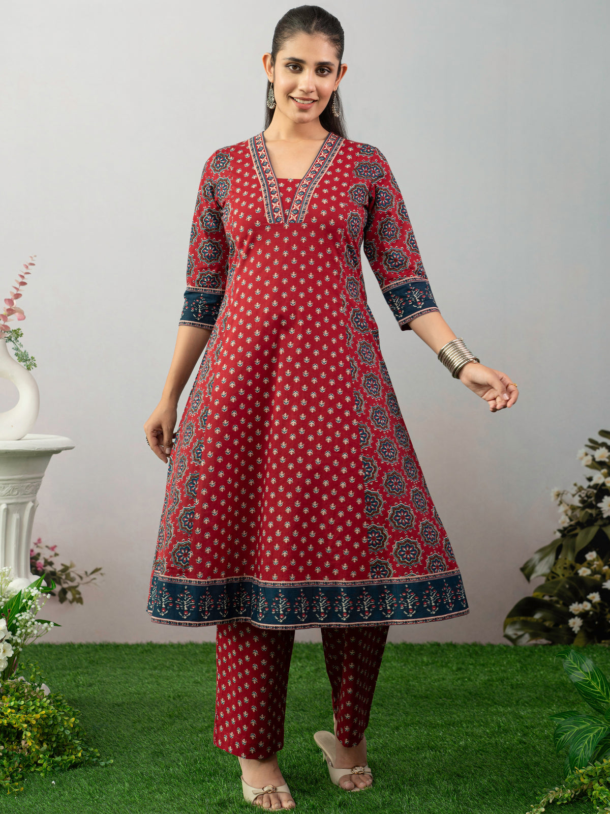 Soft Cotton Butta A-Line Maroon Kurta