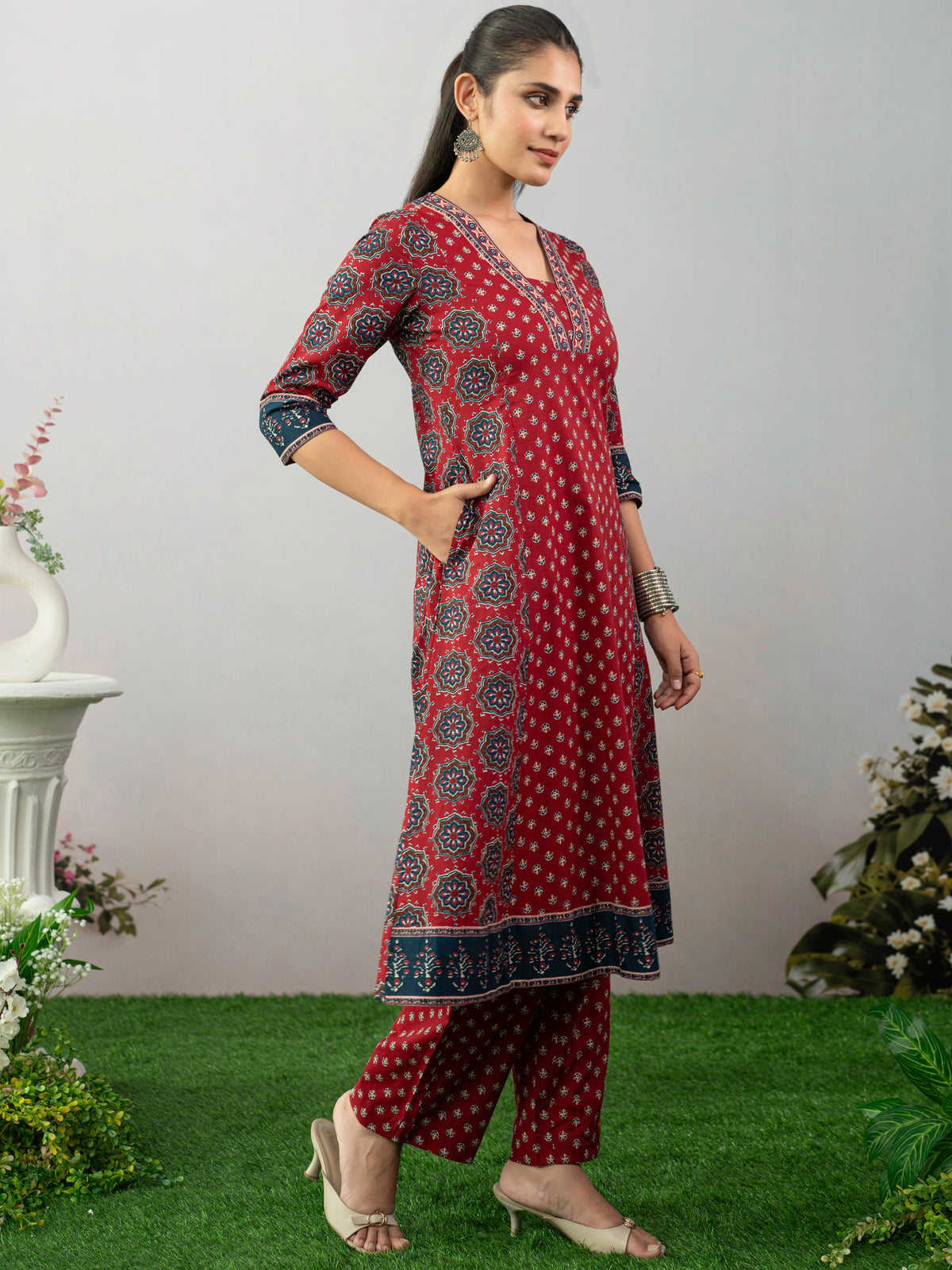 Soft Cotton Butta A-Line Maroon Kurta