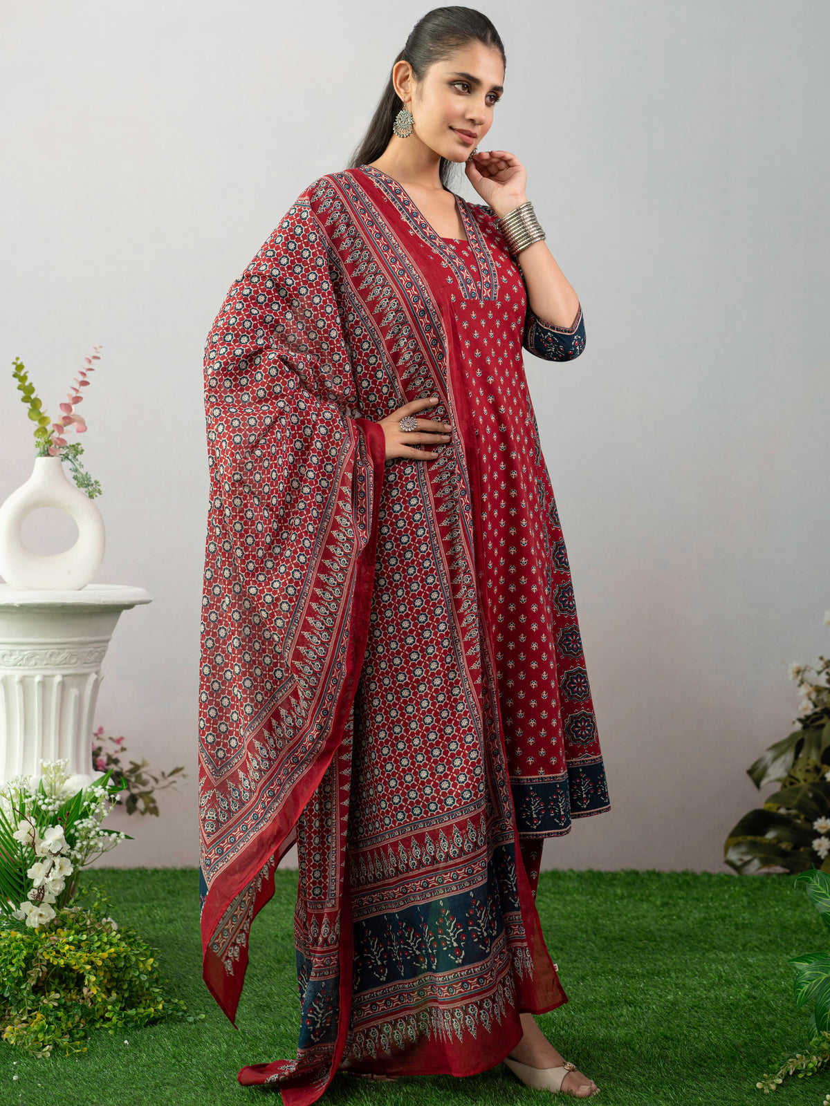 Soft Cotton Butta A-Line Maroon Kurta