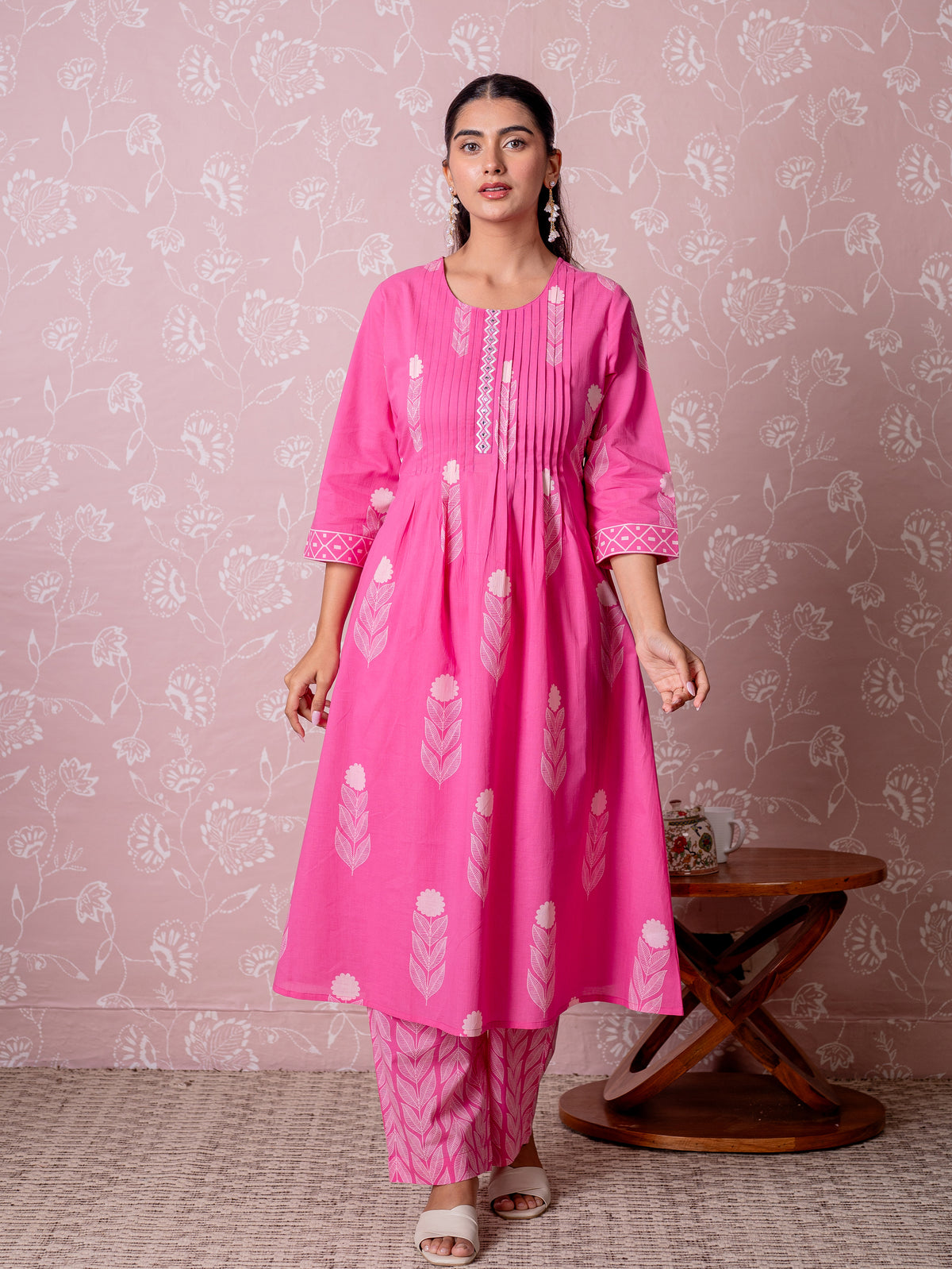 Embroidered Soft Cotton Butta Flared Pink Kurta