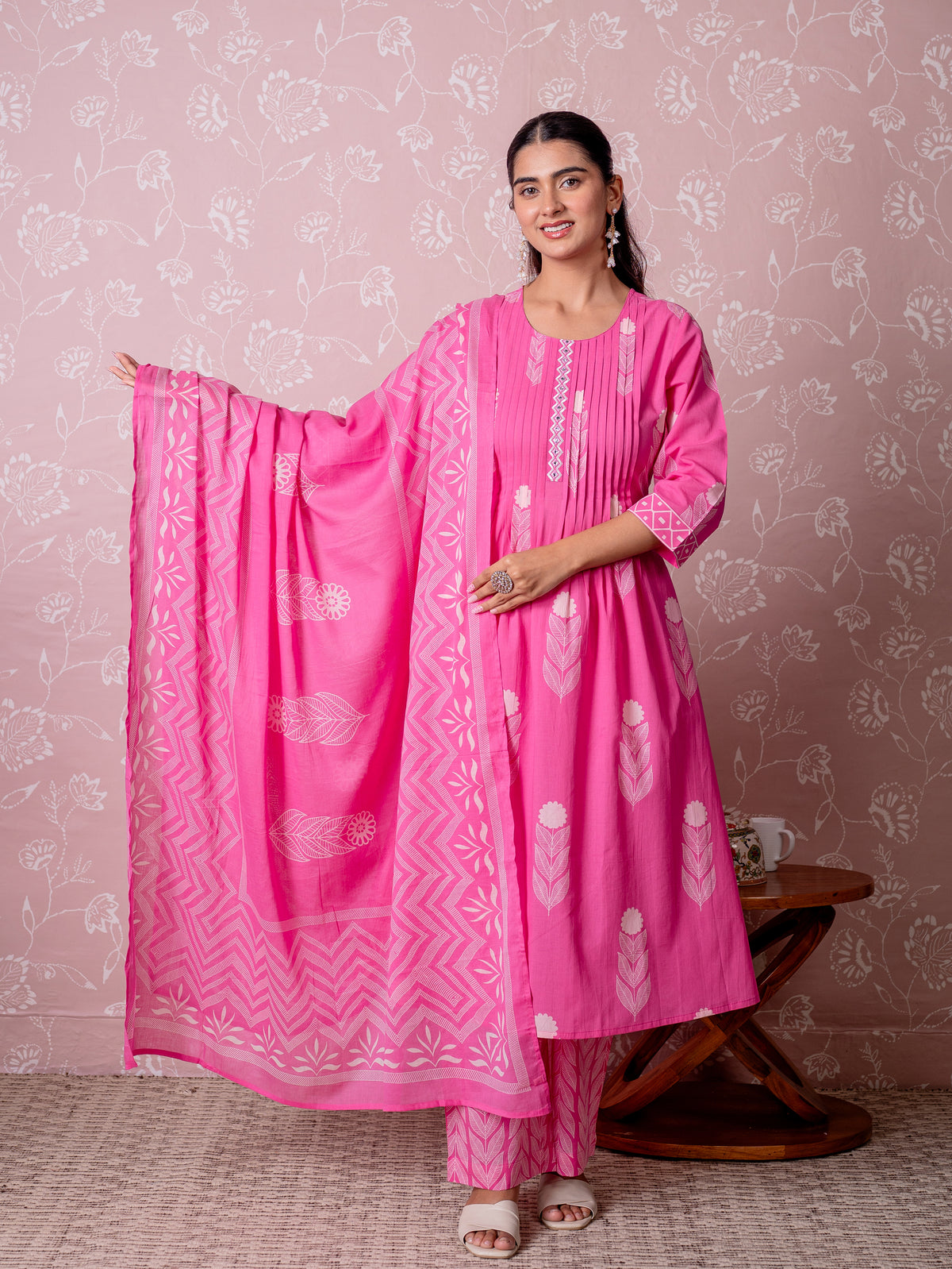 Embroidered Soft Cotton Butta Flared Pink Kurta