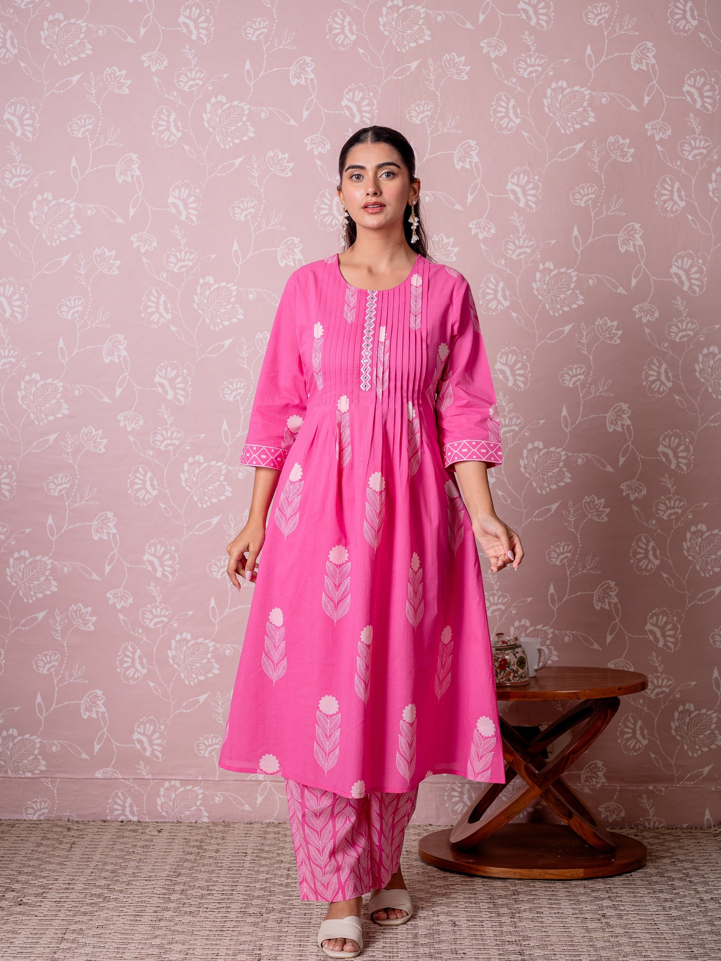 Embroidered Soft cotton Butta Flared Pink Kurta