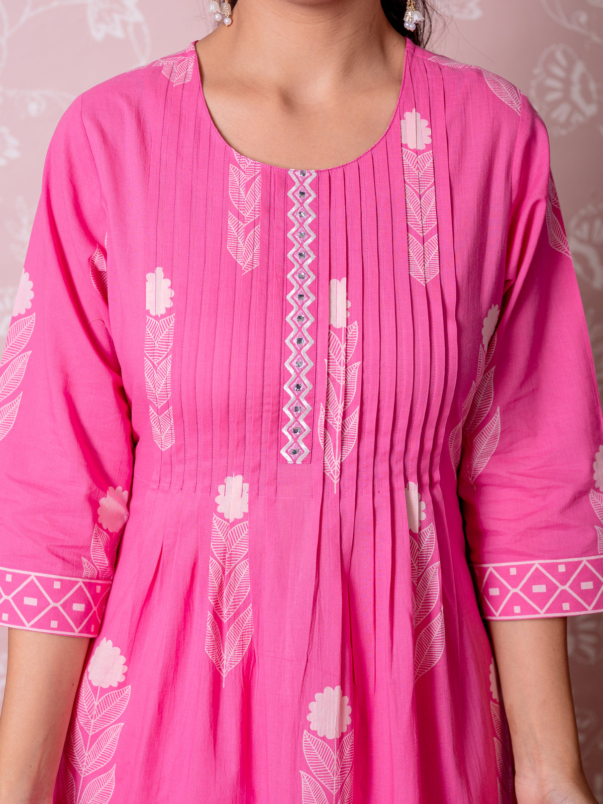Embroidered Soft Cotton Butta Flared Pink Kurta