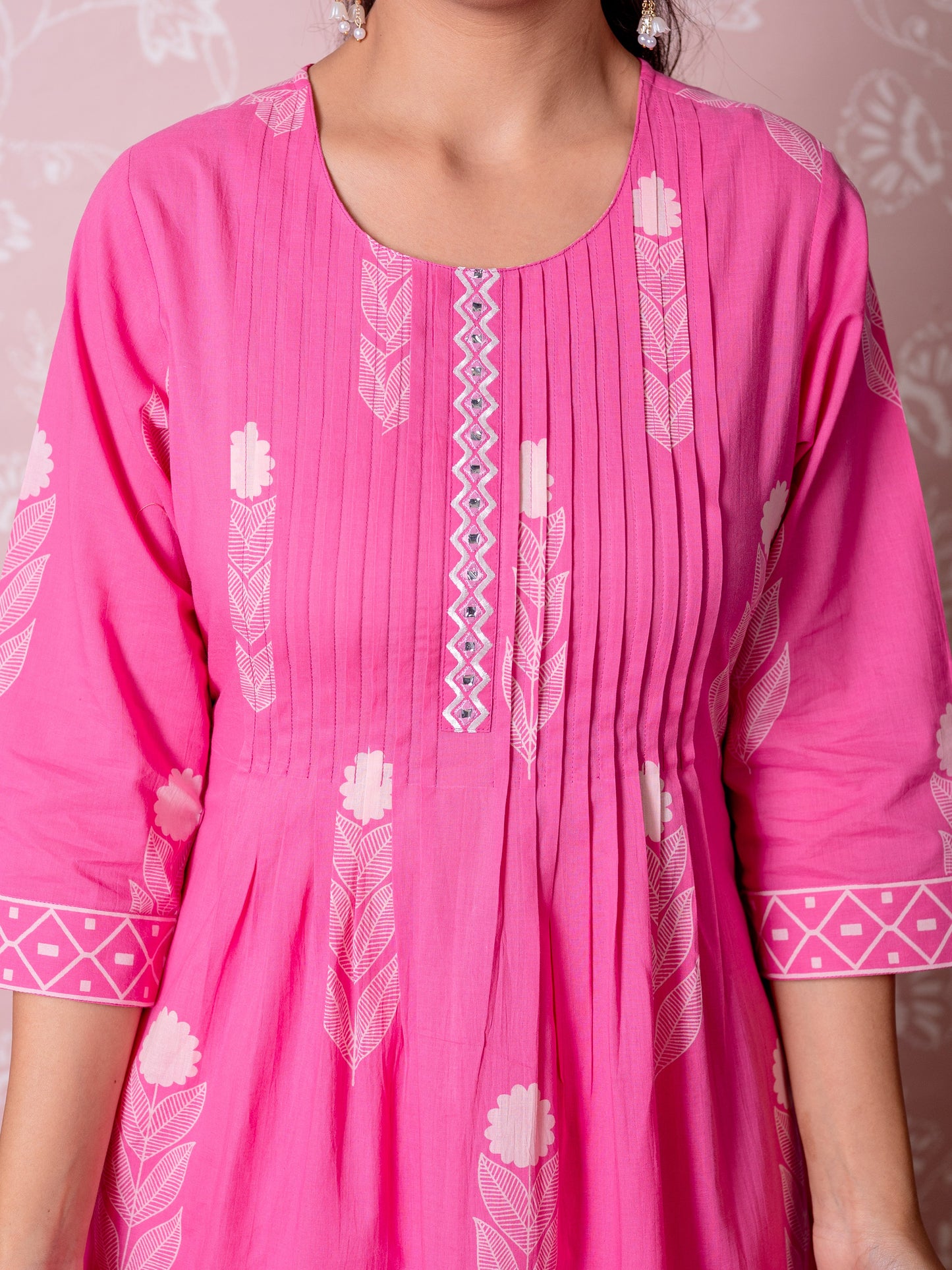 Embroidered Soft cotton Butta Flared Pink Kurta