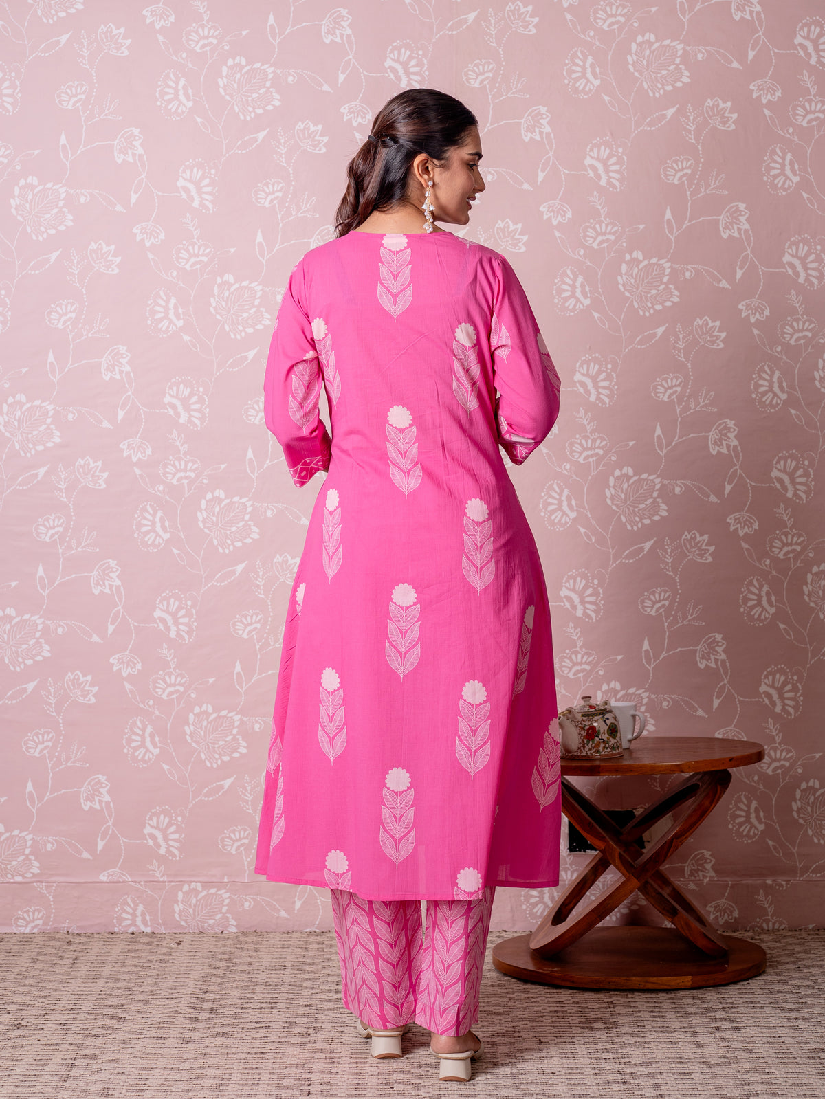 Embroidered Soft Cotton Butta Flared Pink Kurta