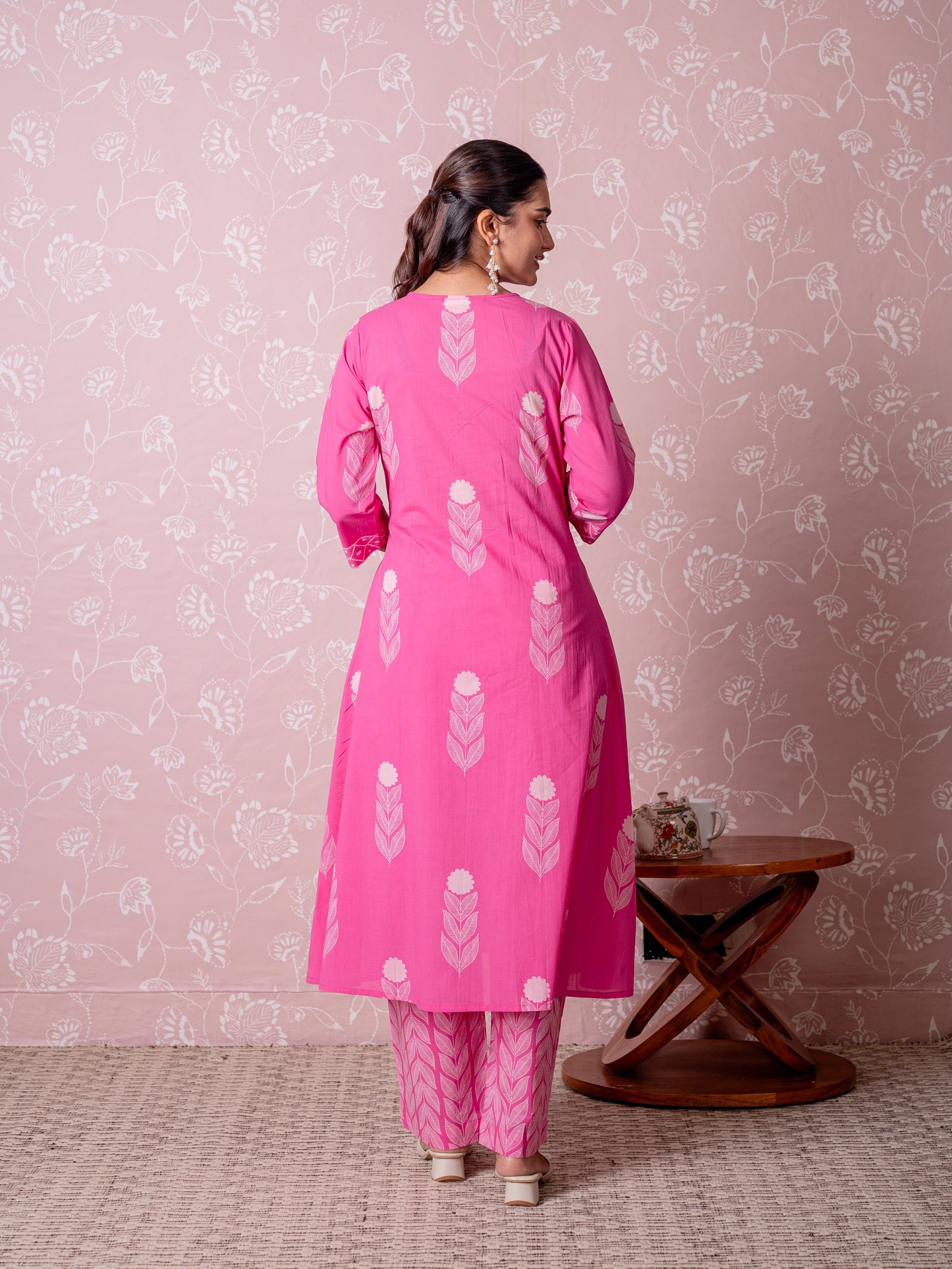 Embroidered Soft cotton Butta Flared Pink Kurta
